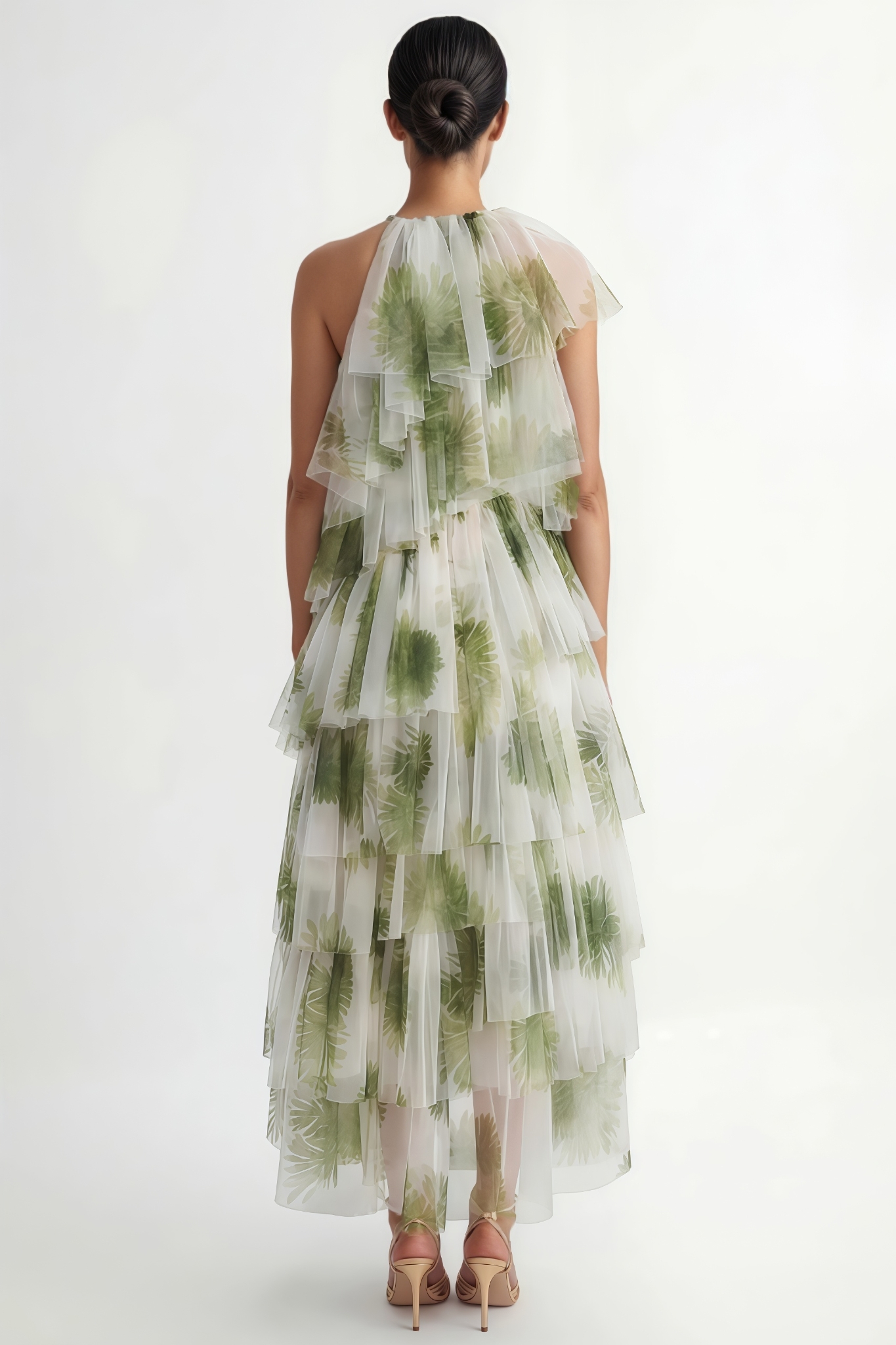 Lirvie Green Leaf Print Tiered Tulle Maxi Dress 