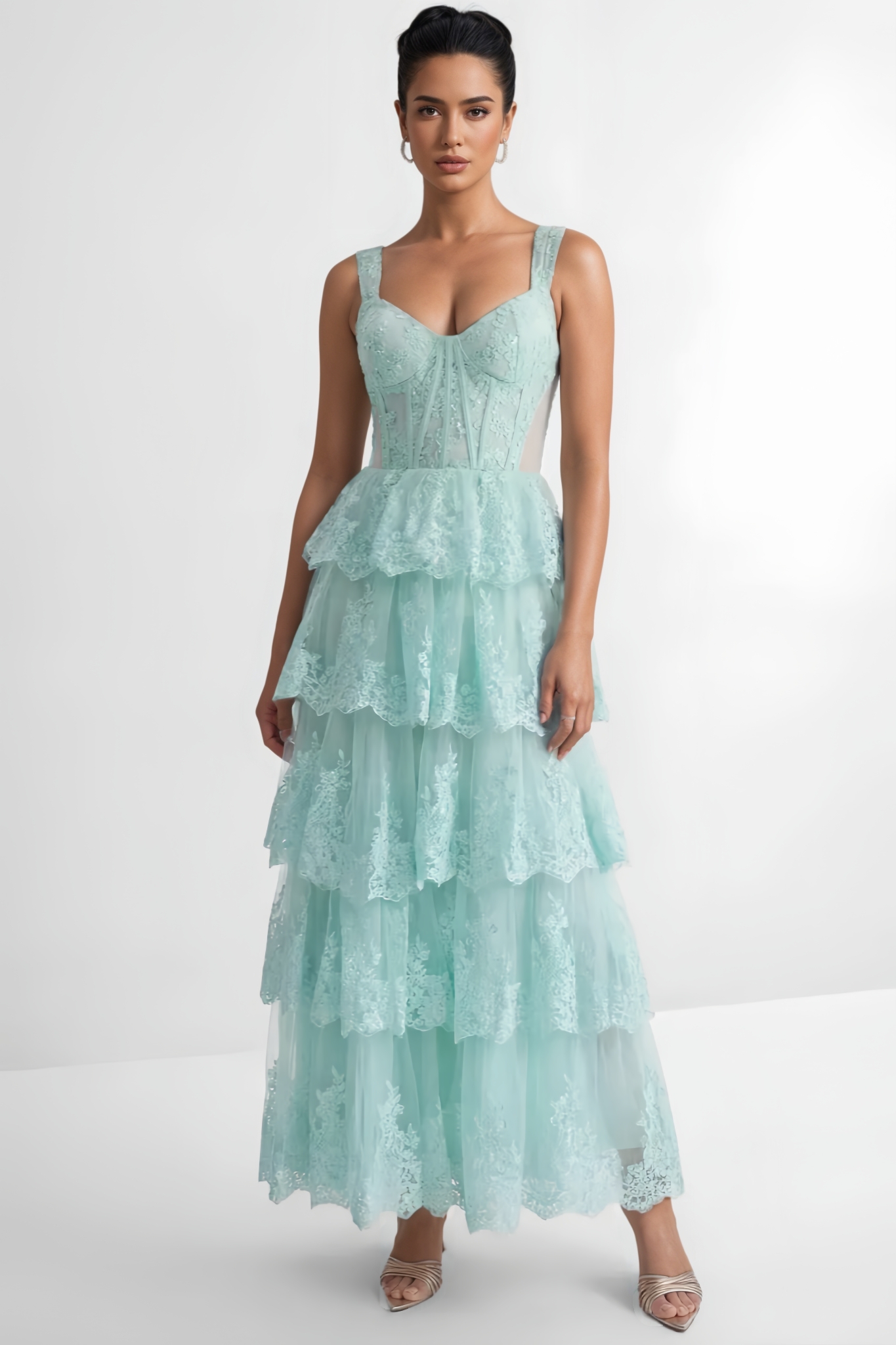 Jaydant Green Lace Tiered Maxi Dress