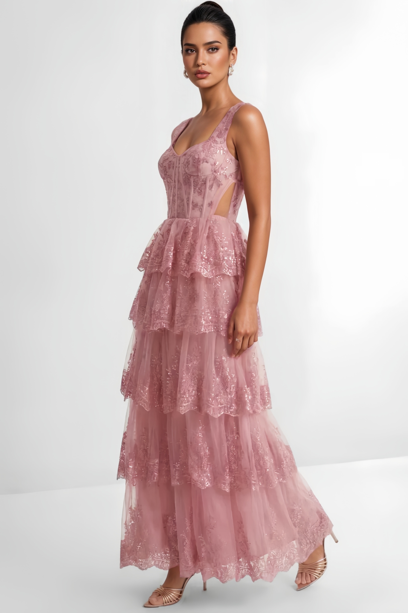 Hanoh Pink Lace Tiered Maxi Dress
