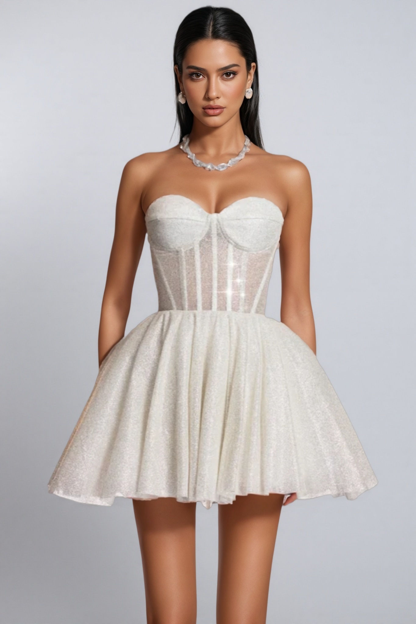Penlop White Strapless Glitter Corset Mini Dress