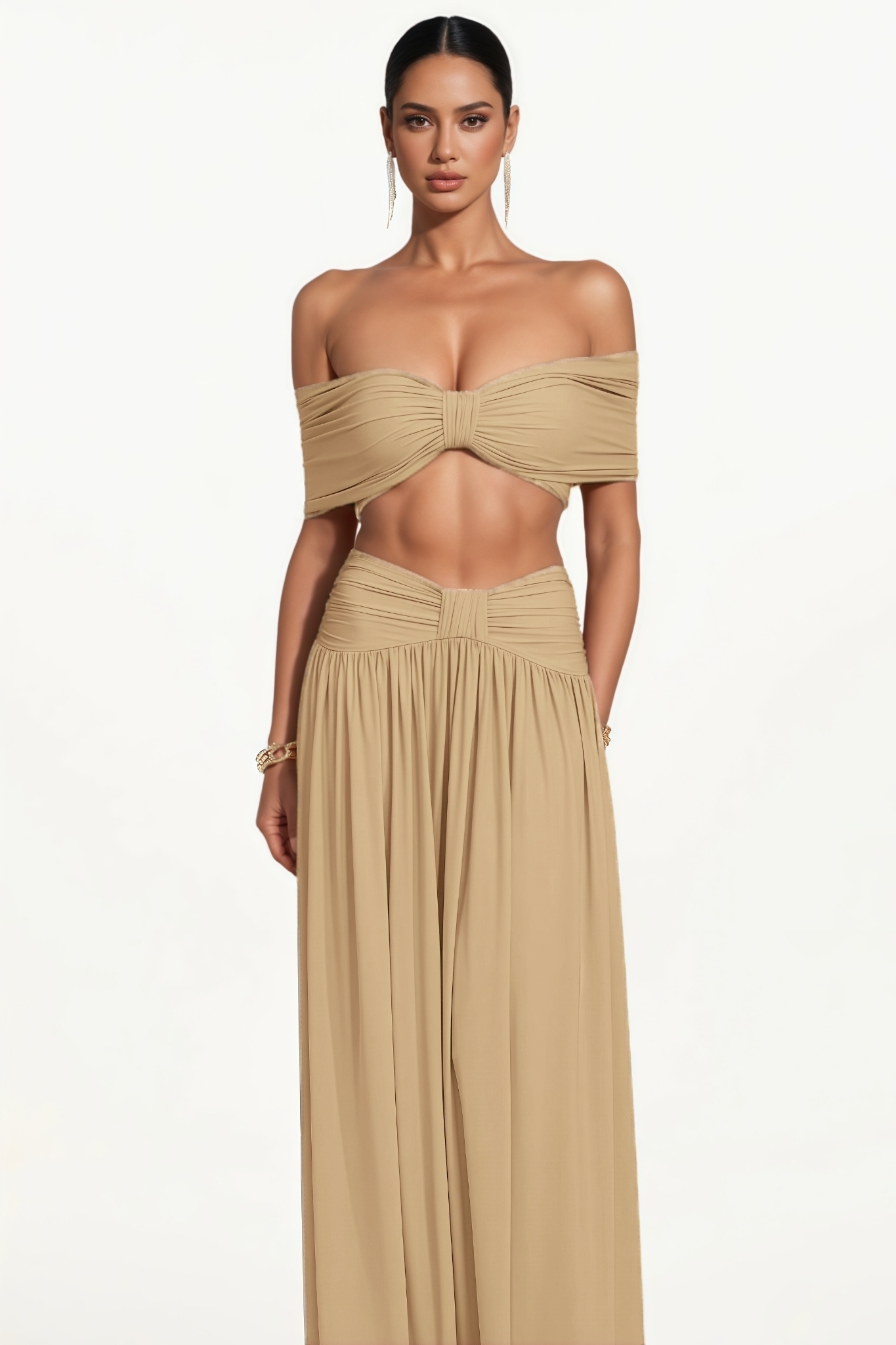 Eliyat Yellow Off Shoulder Bow Ruched Top Maxi Dress Set