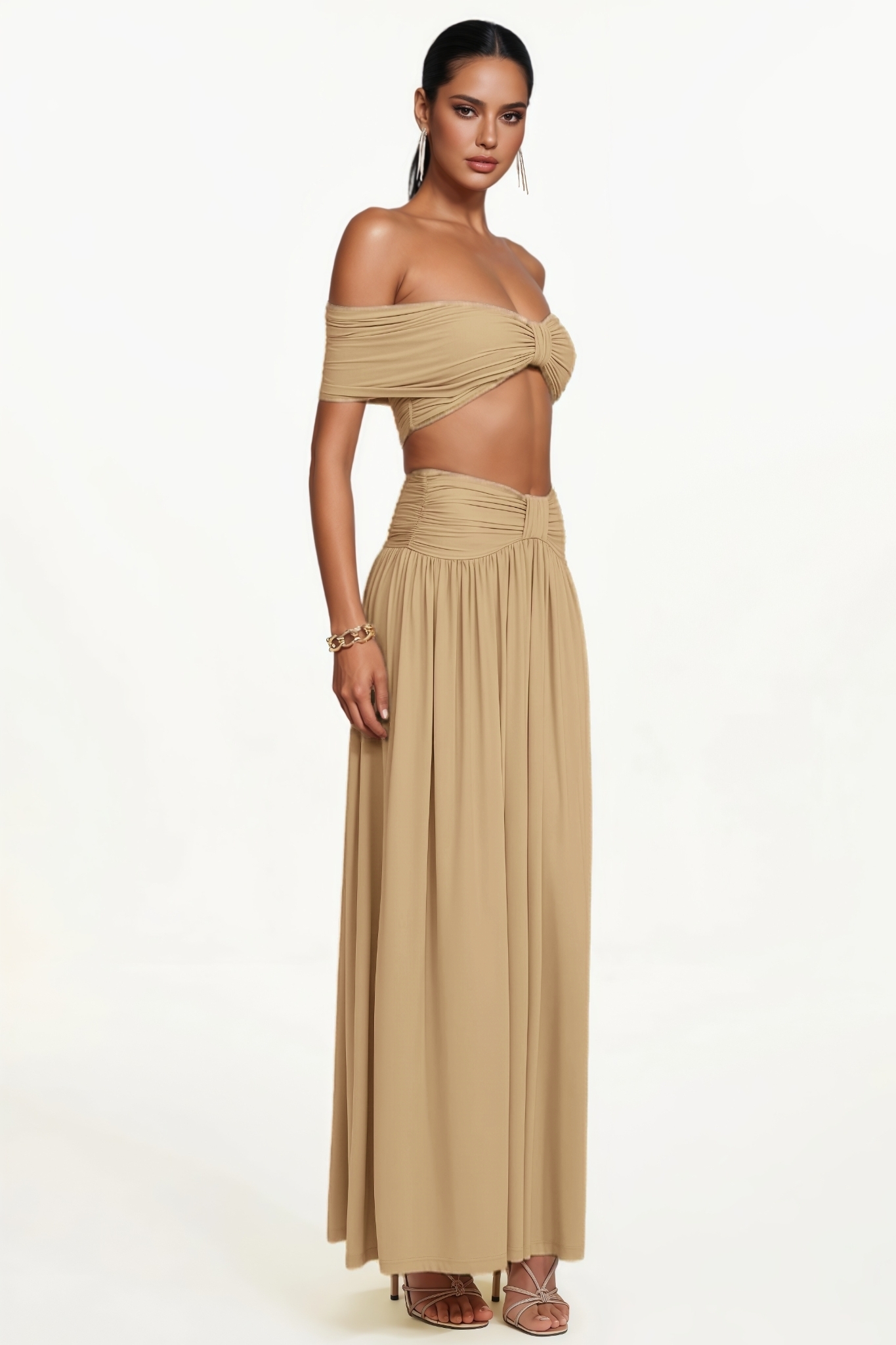 Eliyat Yellow Off Shoulder Bow Ruched Top Maxi Dress Set