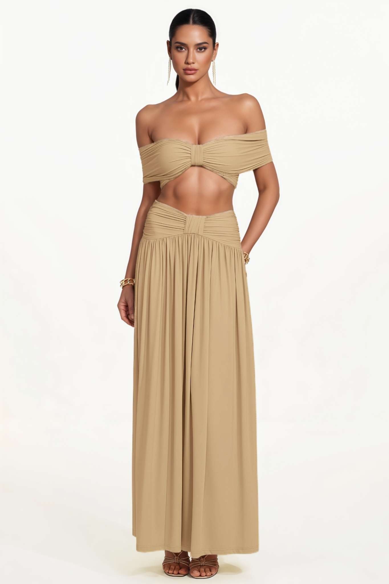 Eliyat Yellow Off Shoulder Bow Ruched Top Maxi Dress Set