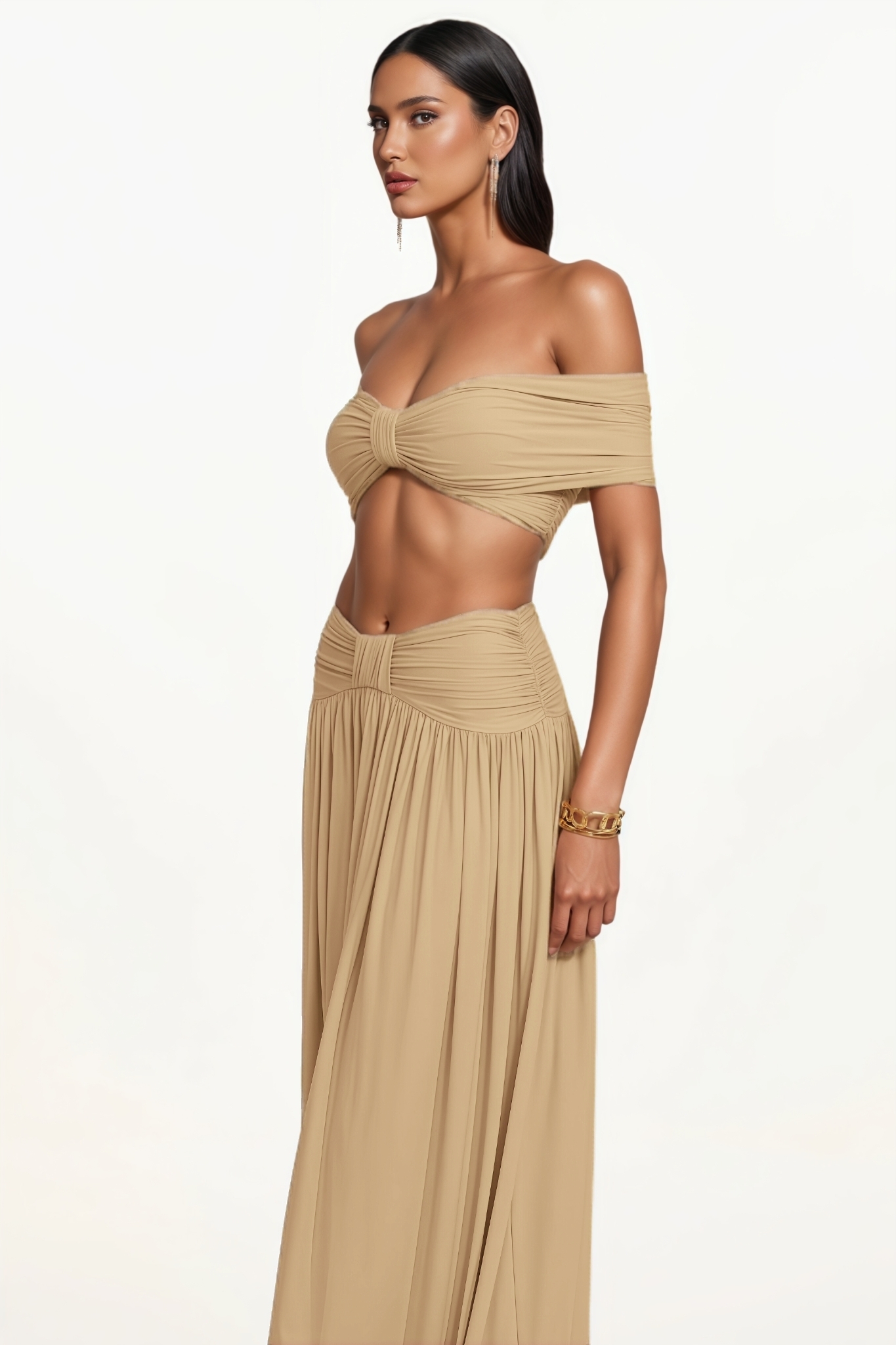 Eliyat Yellow Off Shoulder Bow Ruched Top Maxi Dress Set