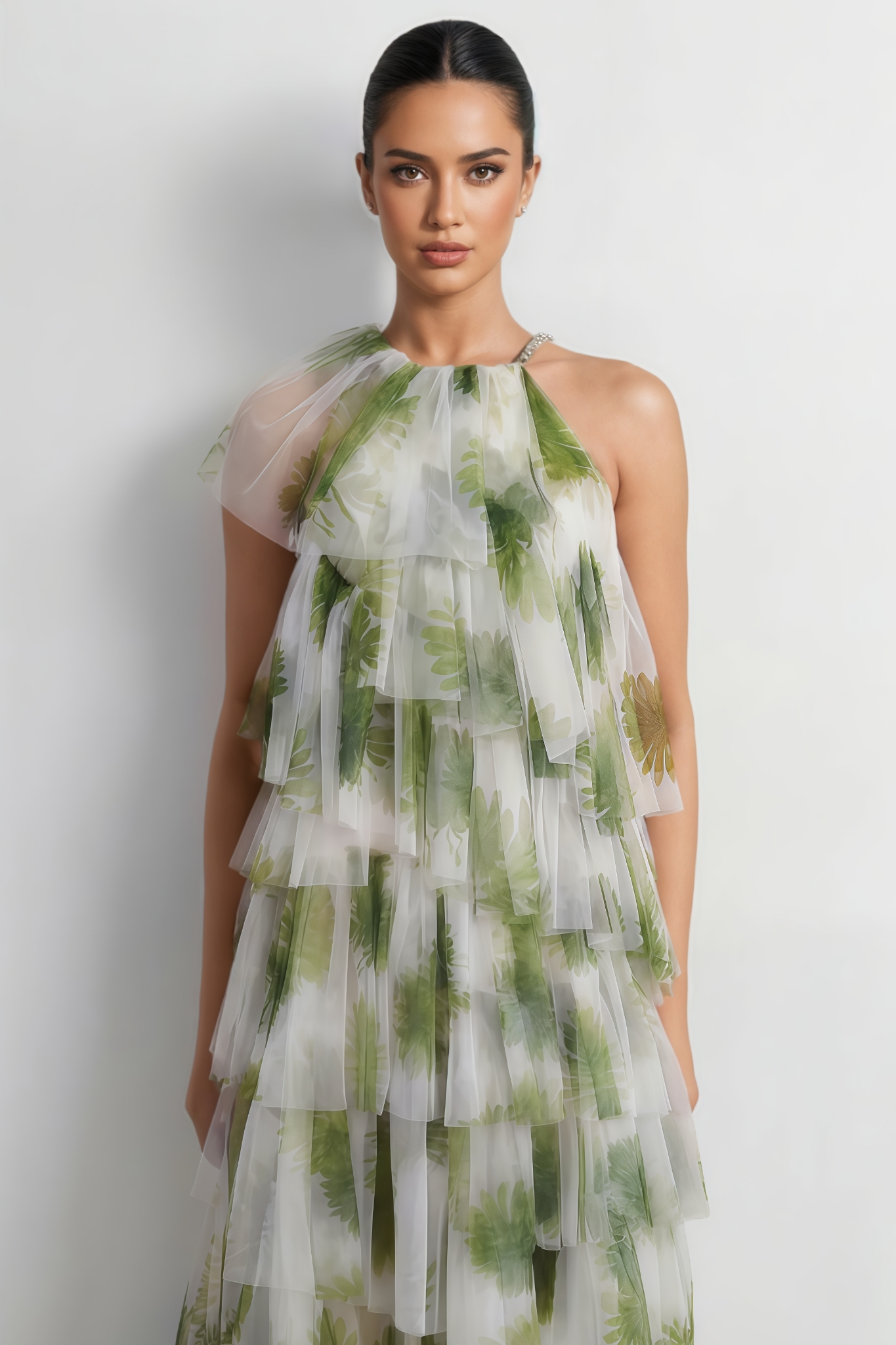 Lirvie Green Leaf Print Tiered Tulle Maxi Dress 