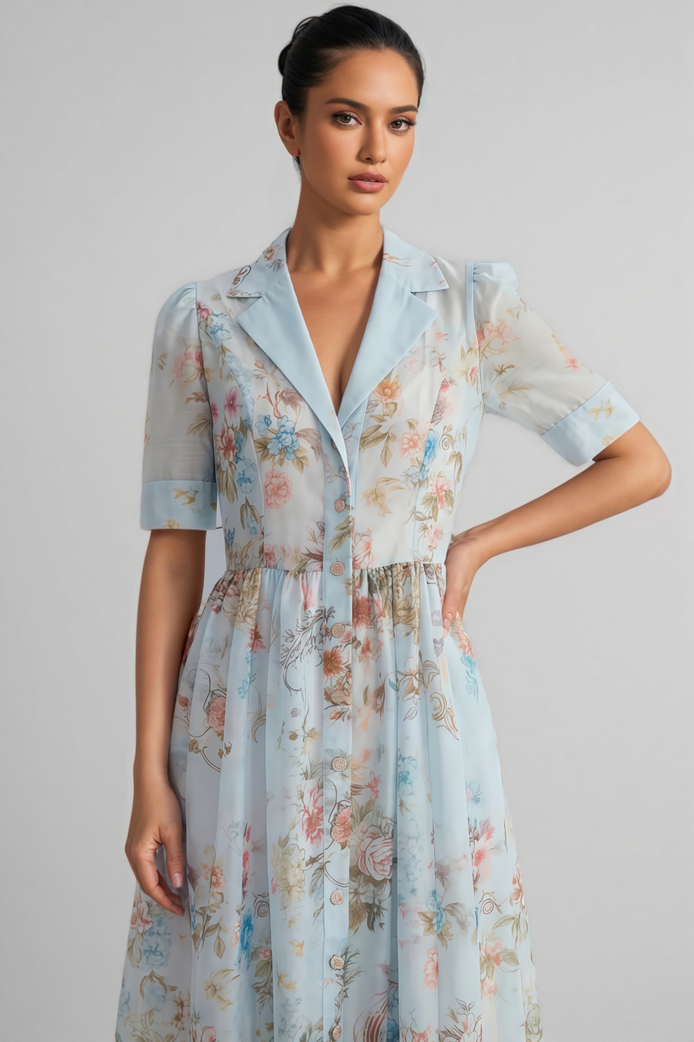 Uorin Blue Short Sleeve Floral Print Maxi Dress