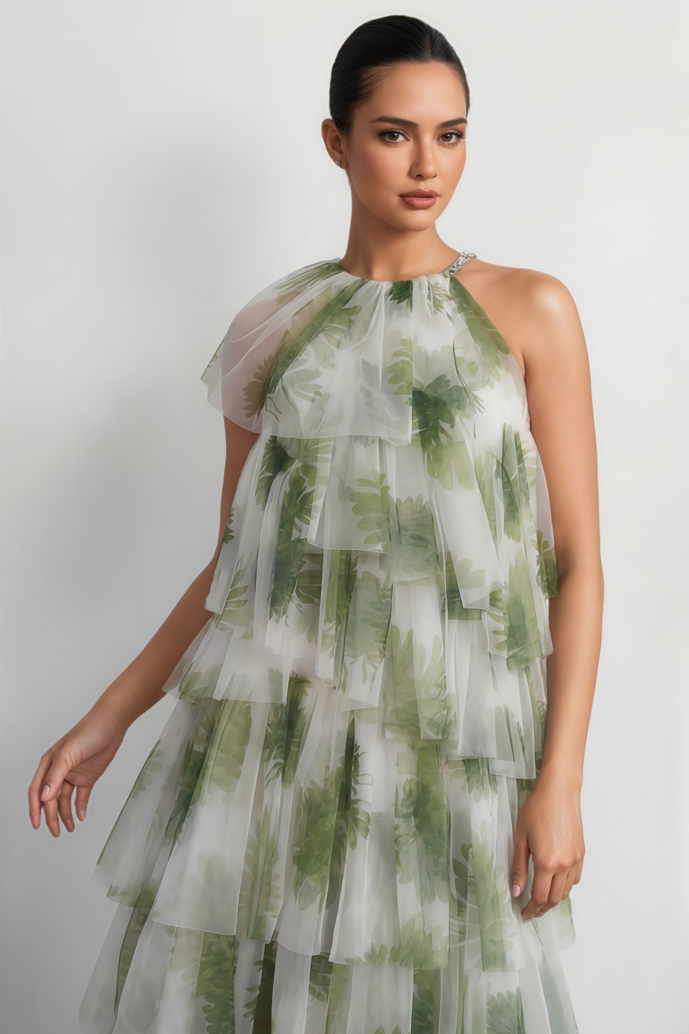 Lirvie Green Leaf Print Tiered Tulle Maxi Dress 