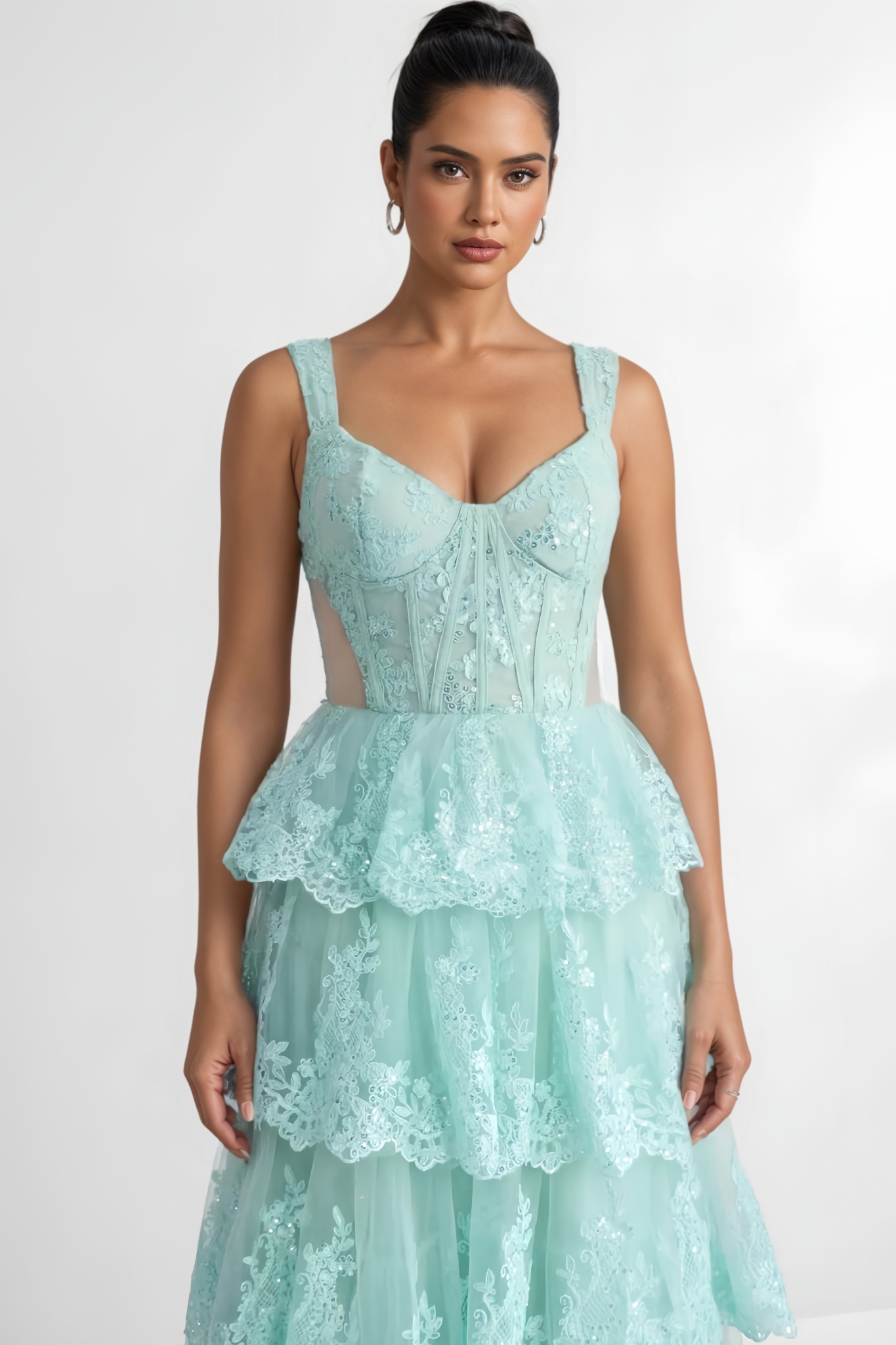 Jaydant Green Lace Tiered Maxi Dress