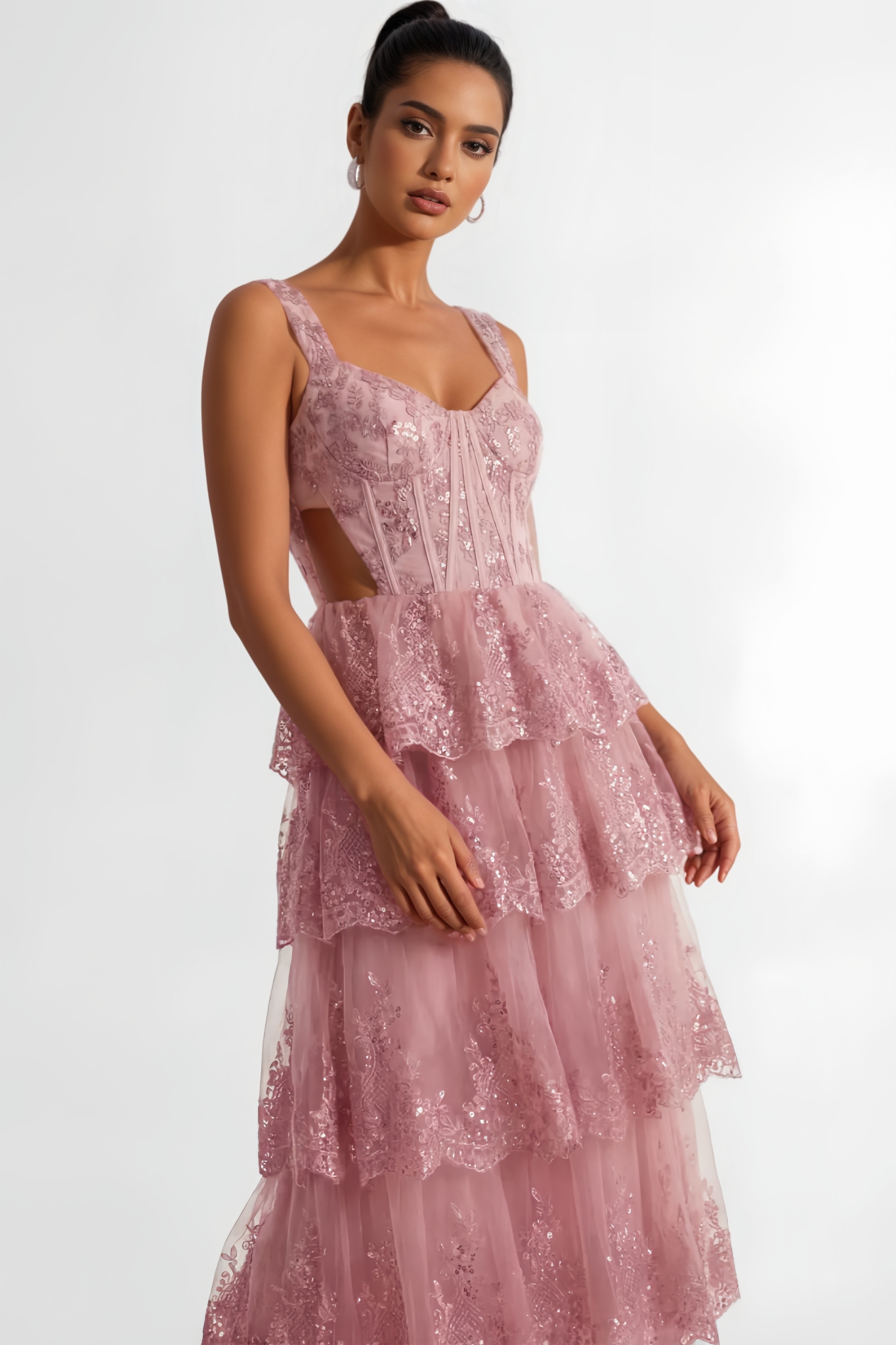 Hanoh Pink Lace Tiered Maxi Dress