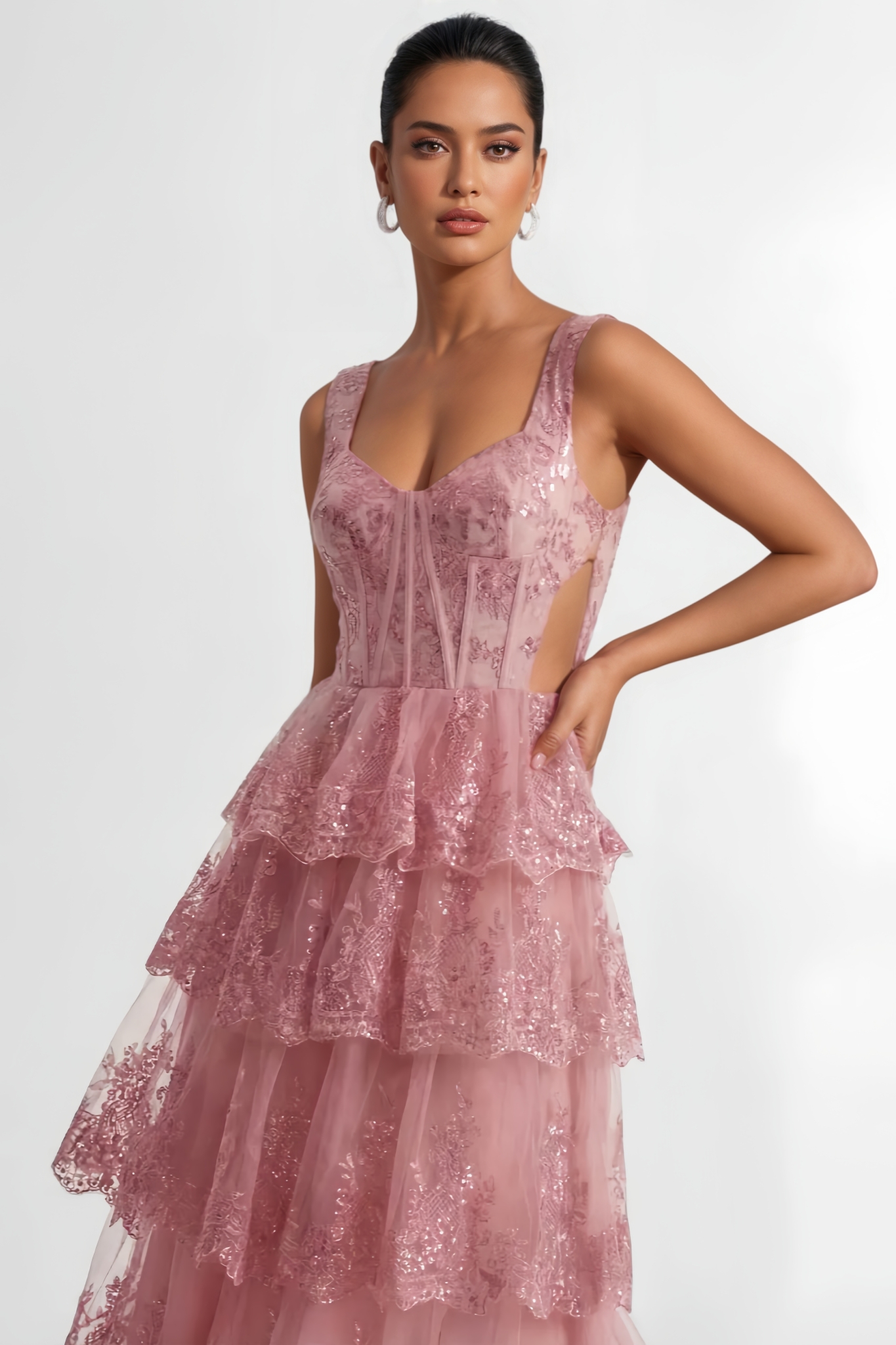 Hanoh Pink Lace Tiered Maxi Dress