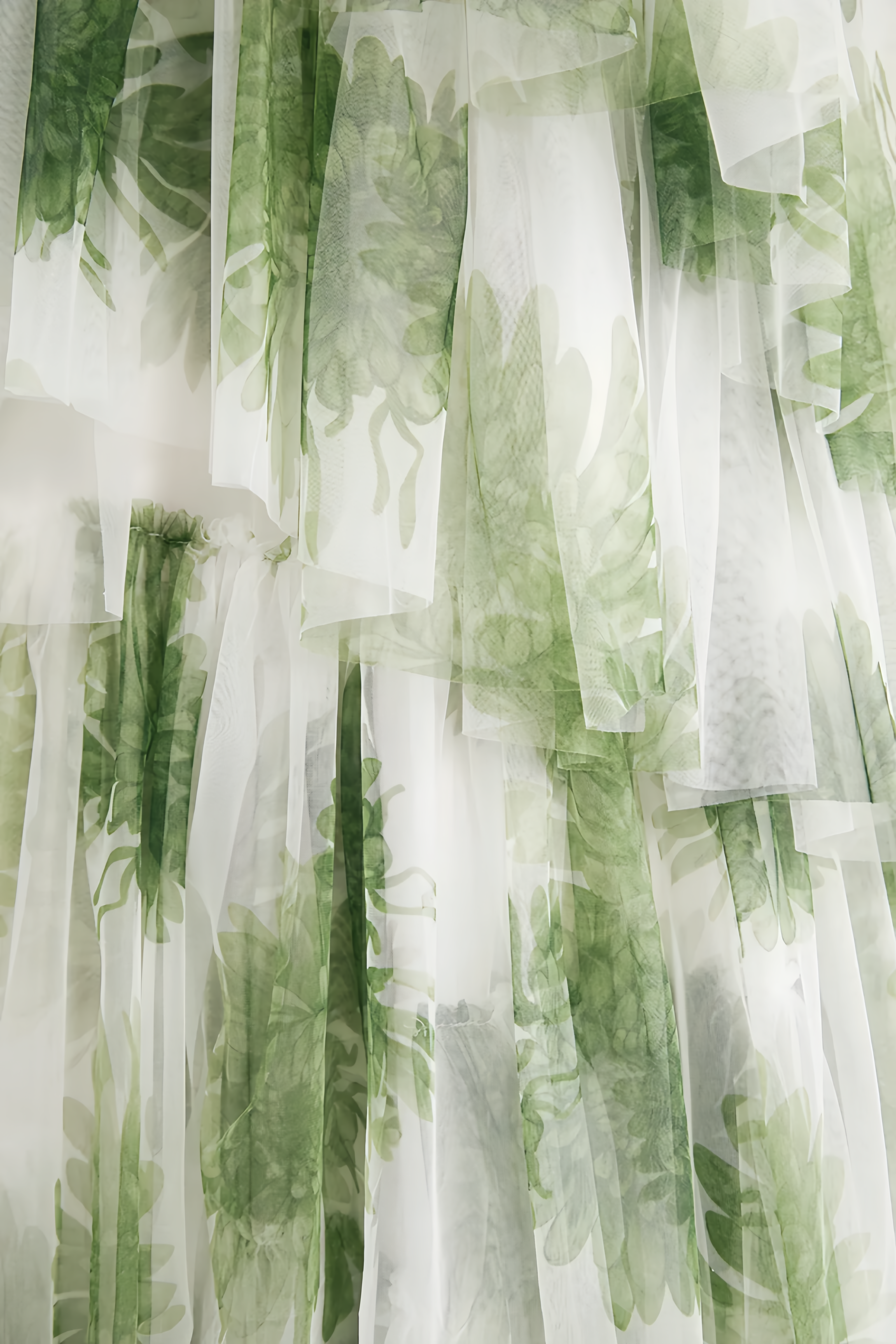 Lirvie Green Leaf Print Tiered Tulle Maxi Dress 