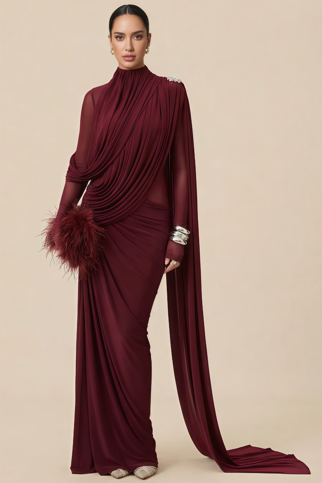 Meran Red Asymmetric Draped Cape Maxi Dress