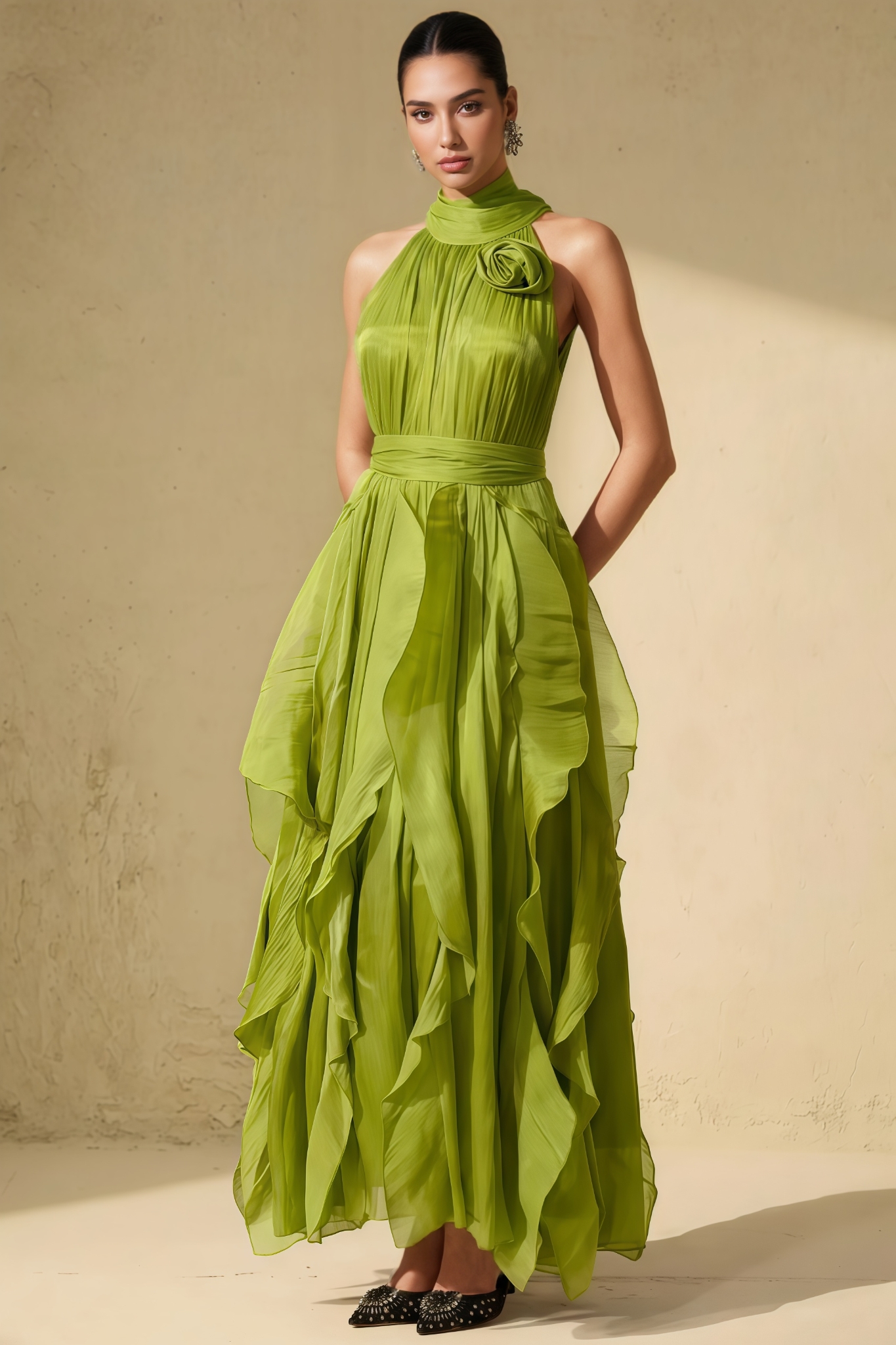 Eincoln Green 3D Floral Ruffles Maxi Dress