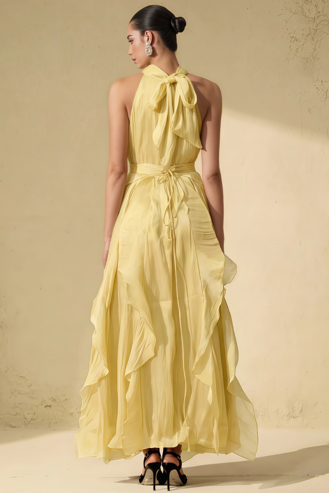 Nella Yellow 3D Floral Ruffles Maxi Dress