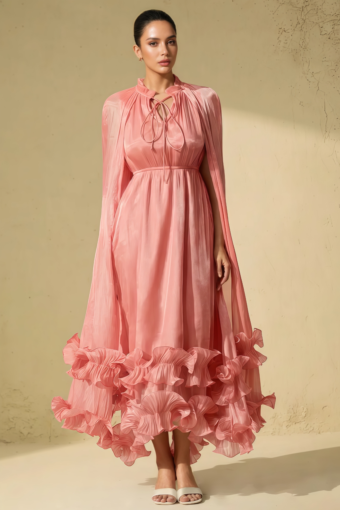 Xerisk Pink Cape Effect Ruffled Maxi Dress