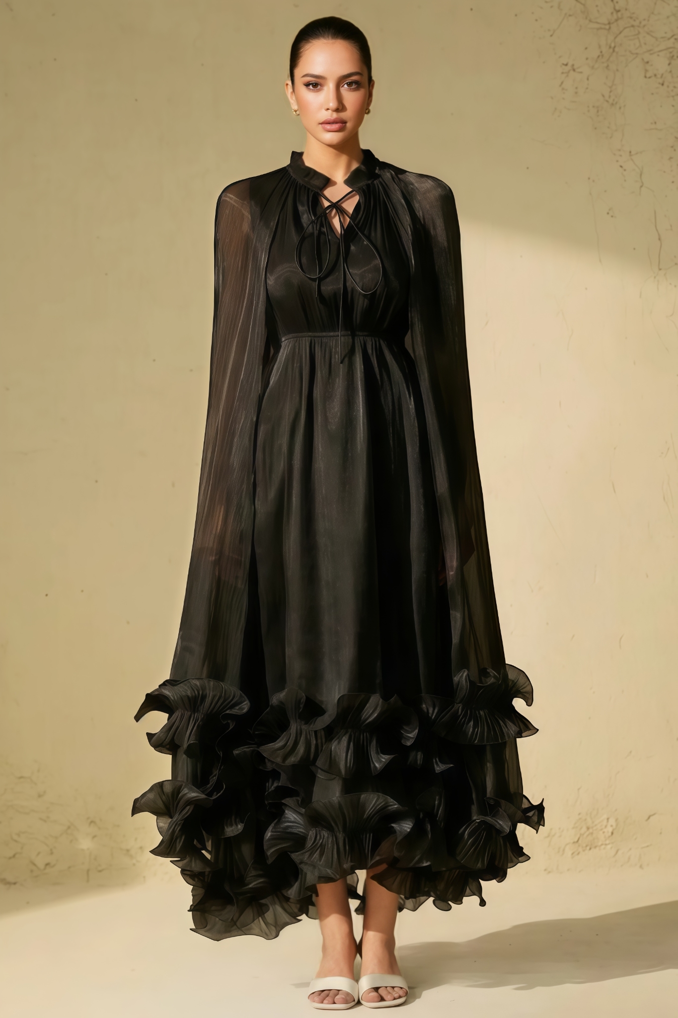 Wrend Black Cape Effect Ruffled Maxi Dress