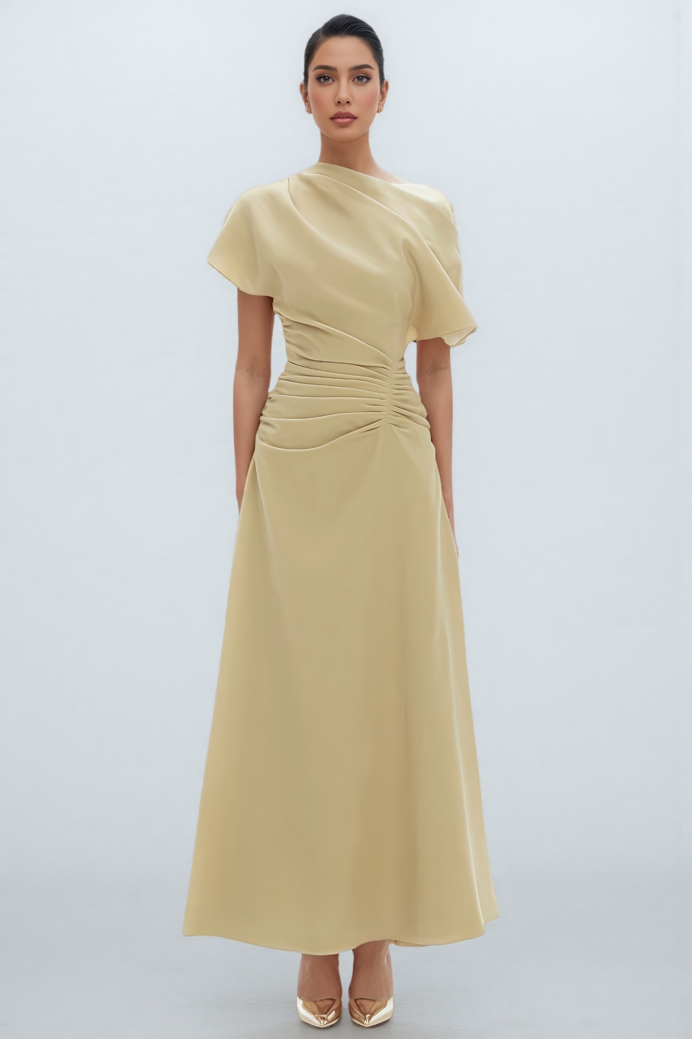 Lelilo Slanted Shoulder Pleated Maxi Dress