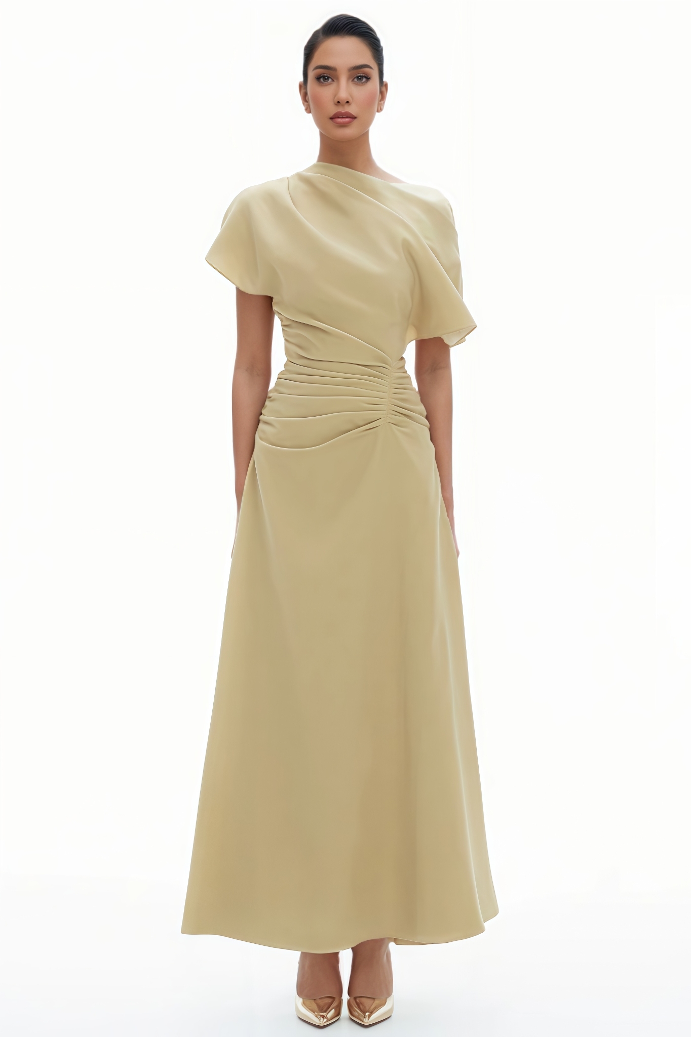 Lelilo Slanted Shoulder Pleated Maxi Dress