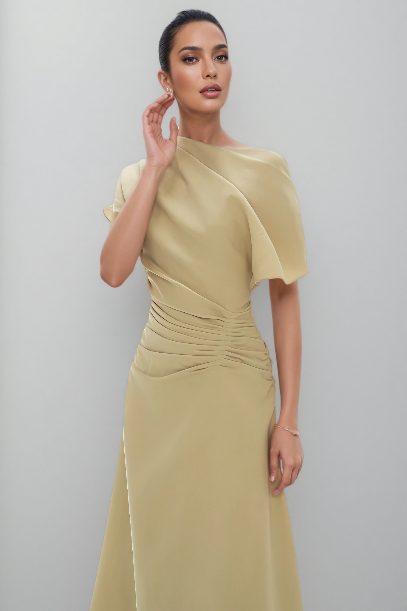 Lelilo Slanted Shoulder Pleated Maxi Dress