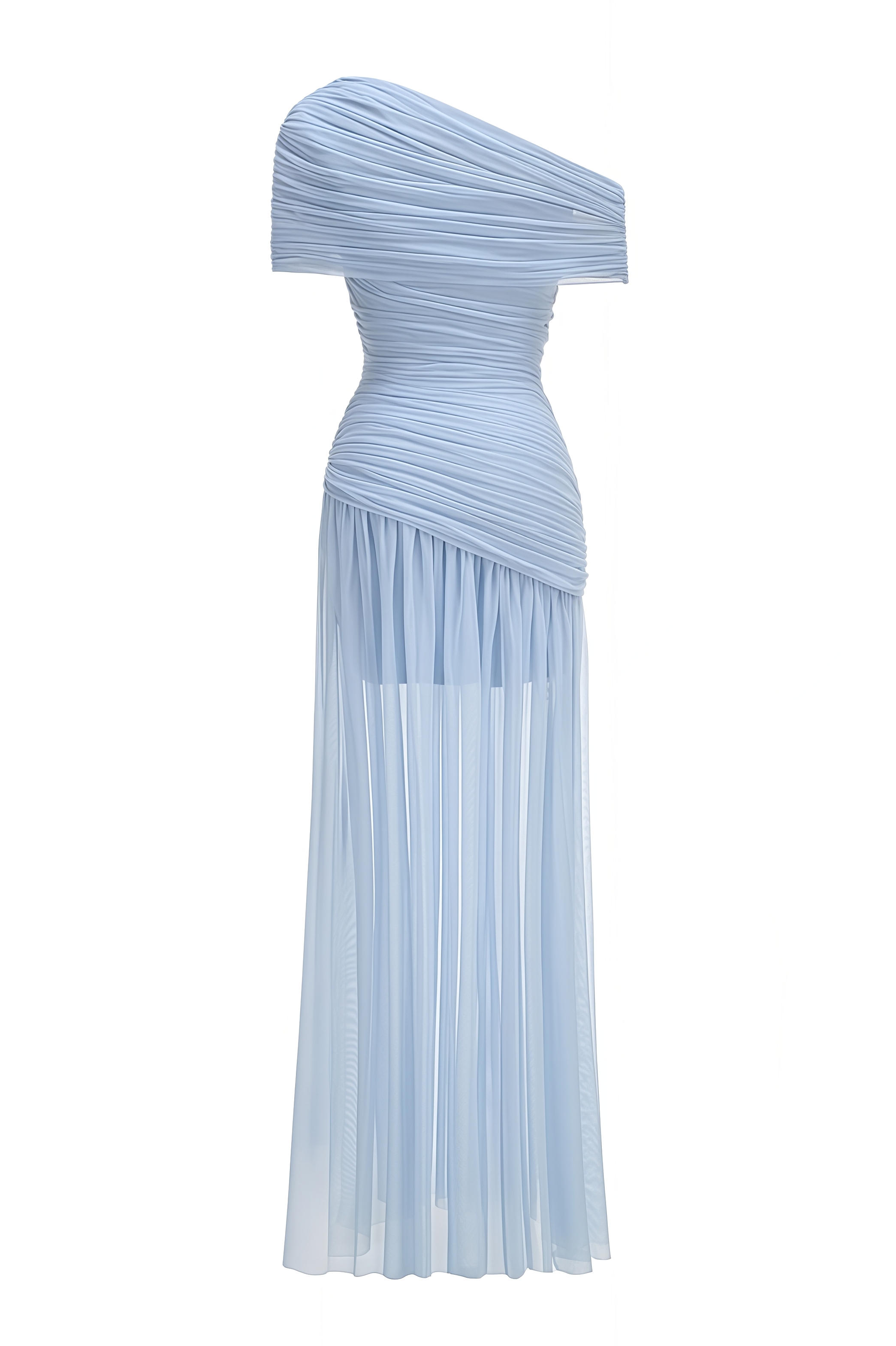 Etity Blue Slanted Shoulder Mesh Maxi Dress