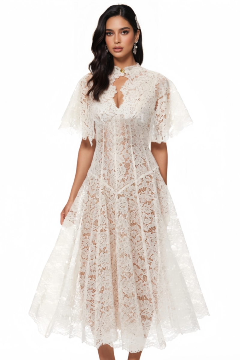 Orvy White Short Sleeve Lace Midi Dress