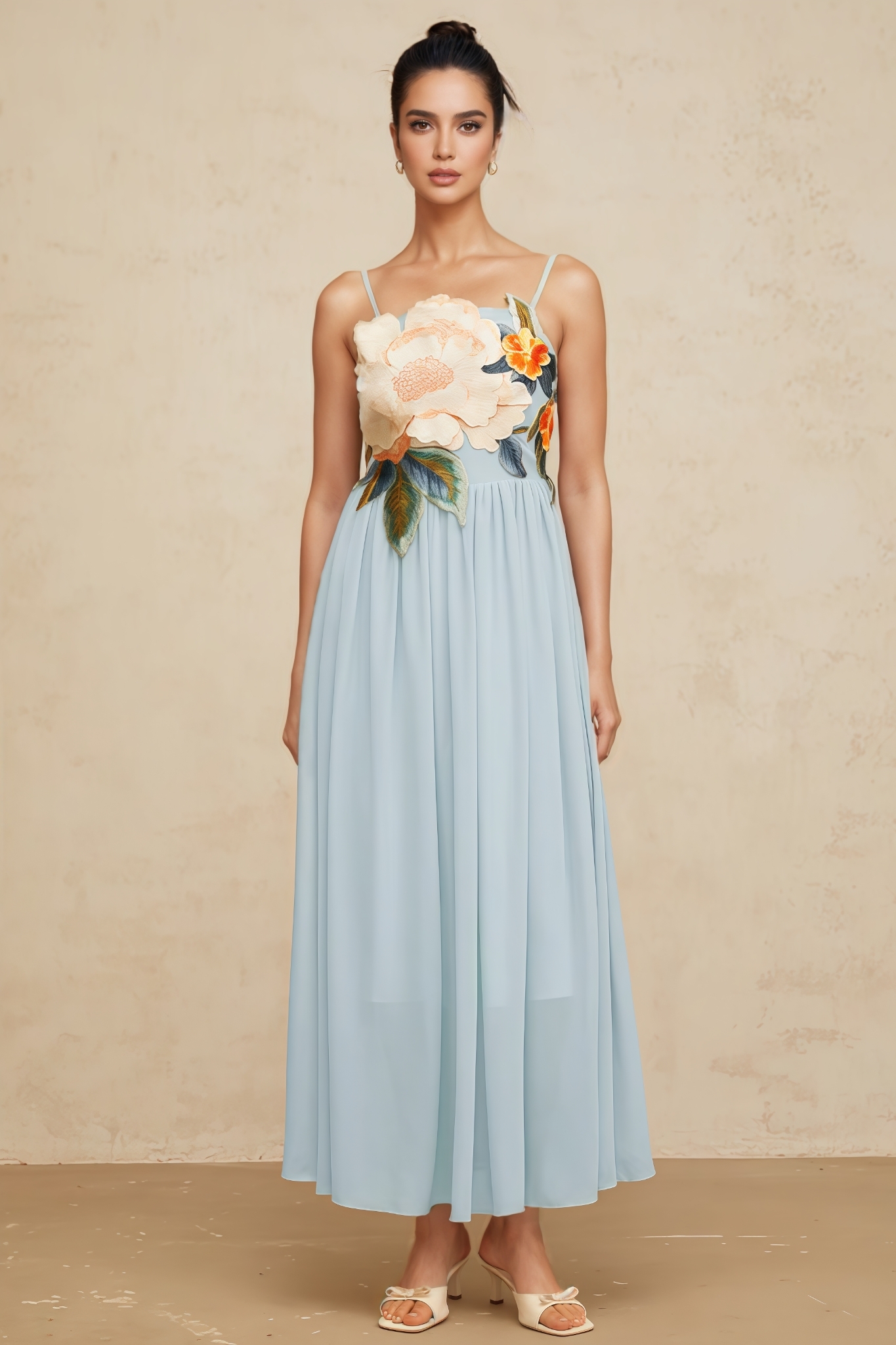 Knylid Blue Floral Embroidery Shirred Maxi Dress