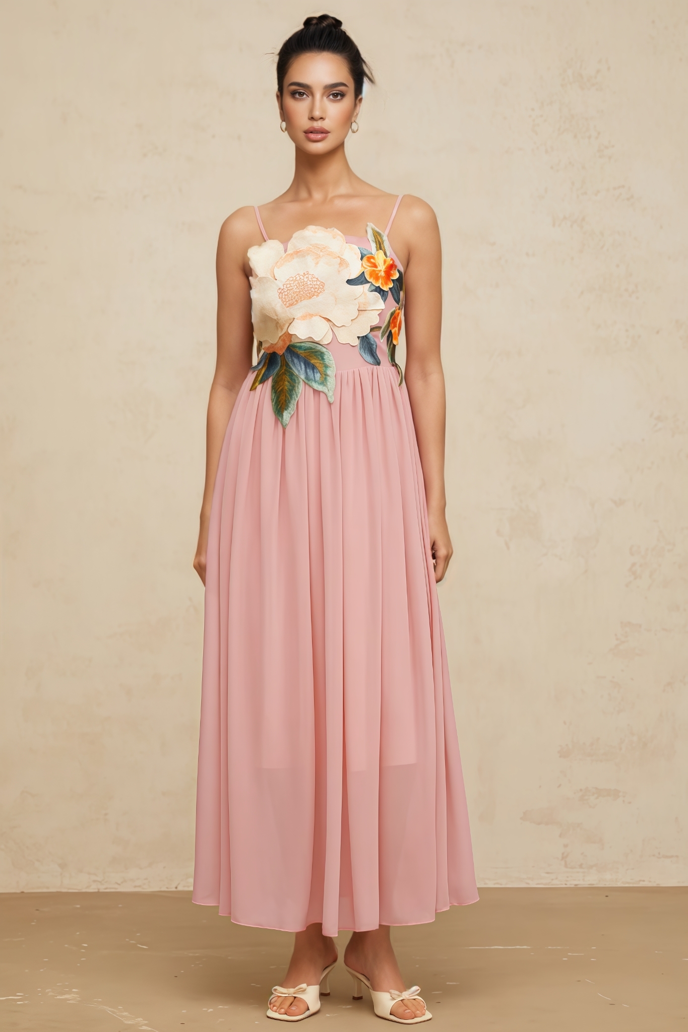 Brandy Pink Floral Embroidery Shirred Maxi Dress