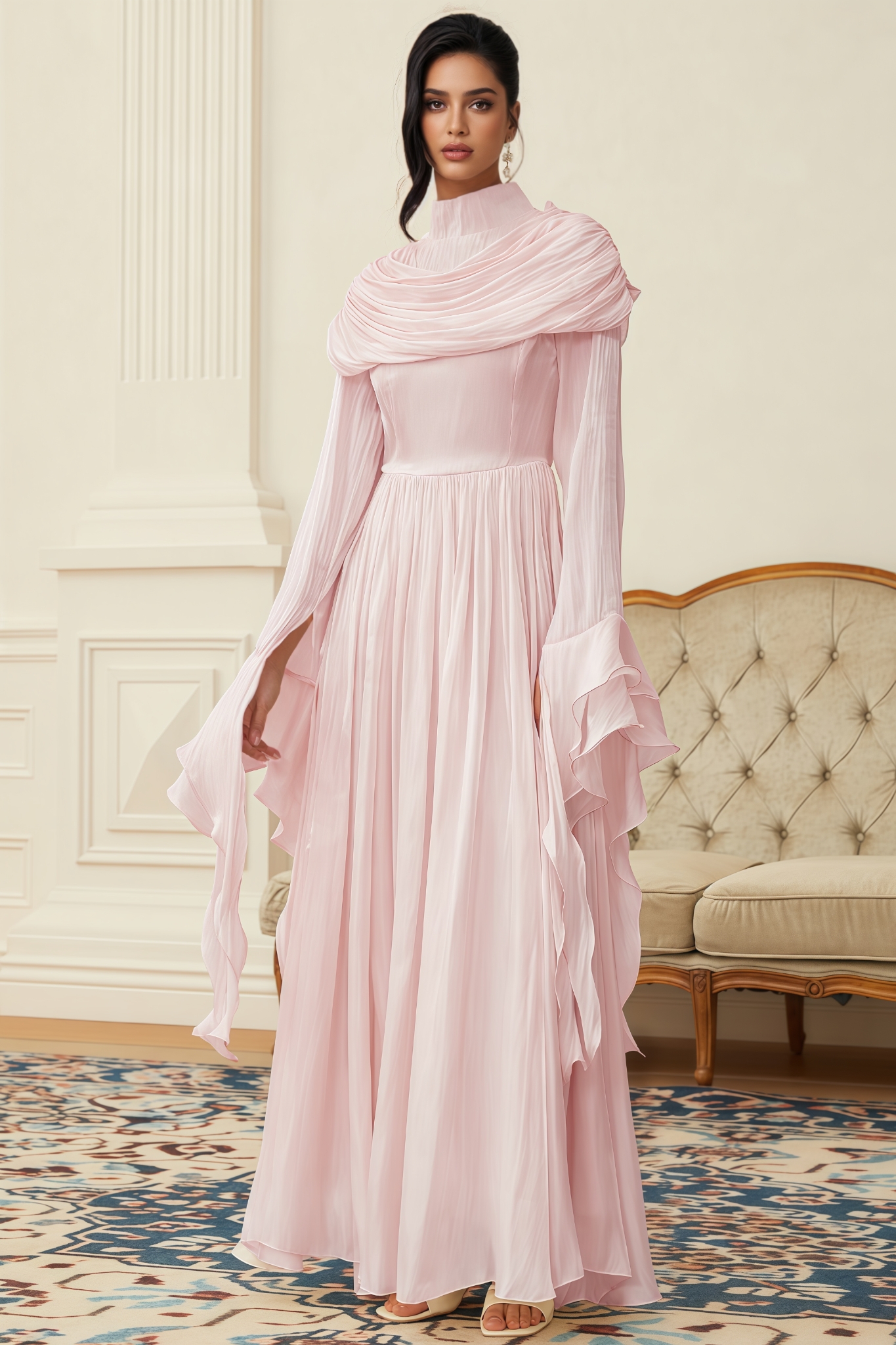 Marla Pink Ruched Pleated Maxi Dress