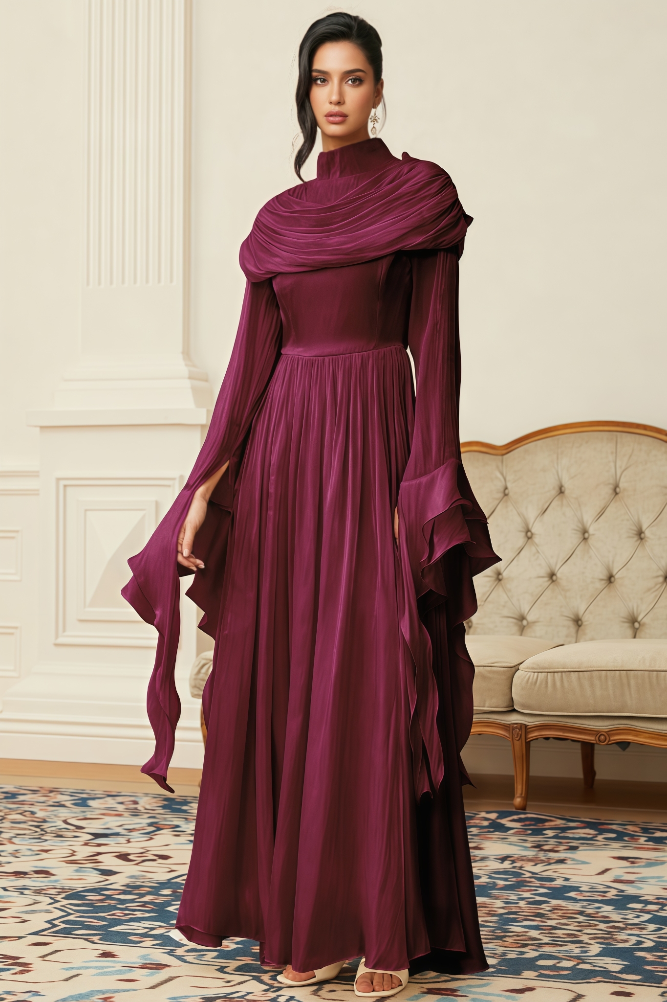 Parthena Red Ruched Pleated Maxi Dress