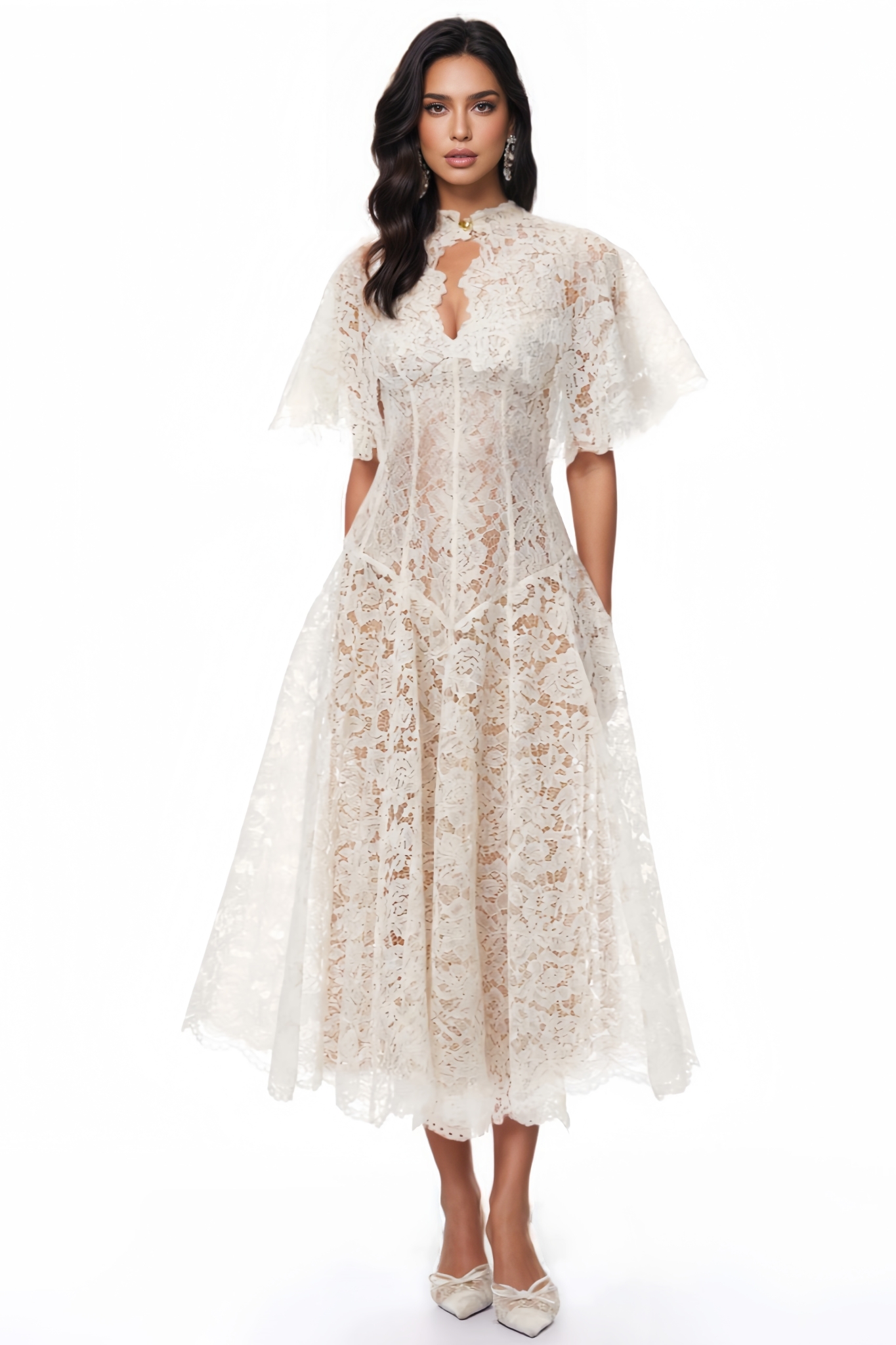 Orvy White Short Sleeve Lace Midi Dress