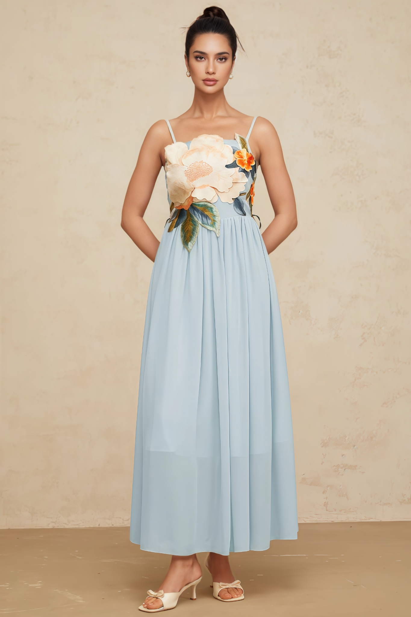 Knylid Blue Floral Embroidery Shirred Maxi Dress
