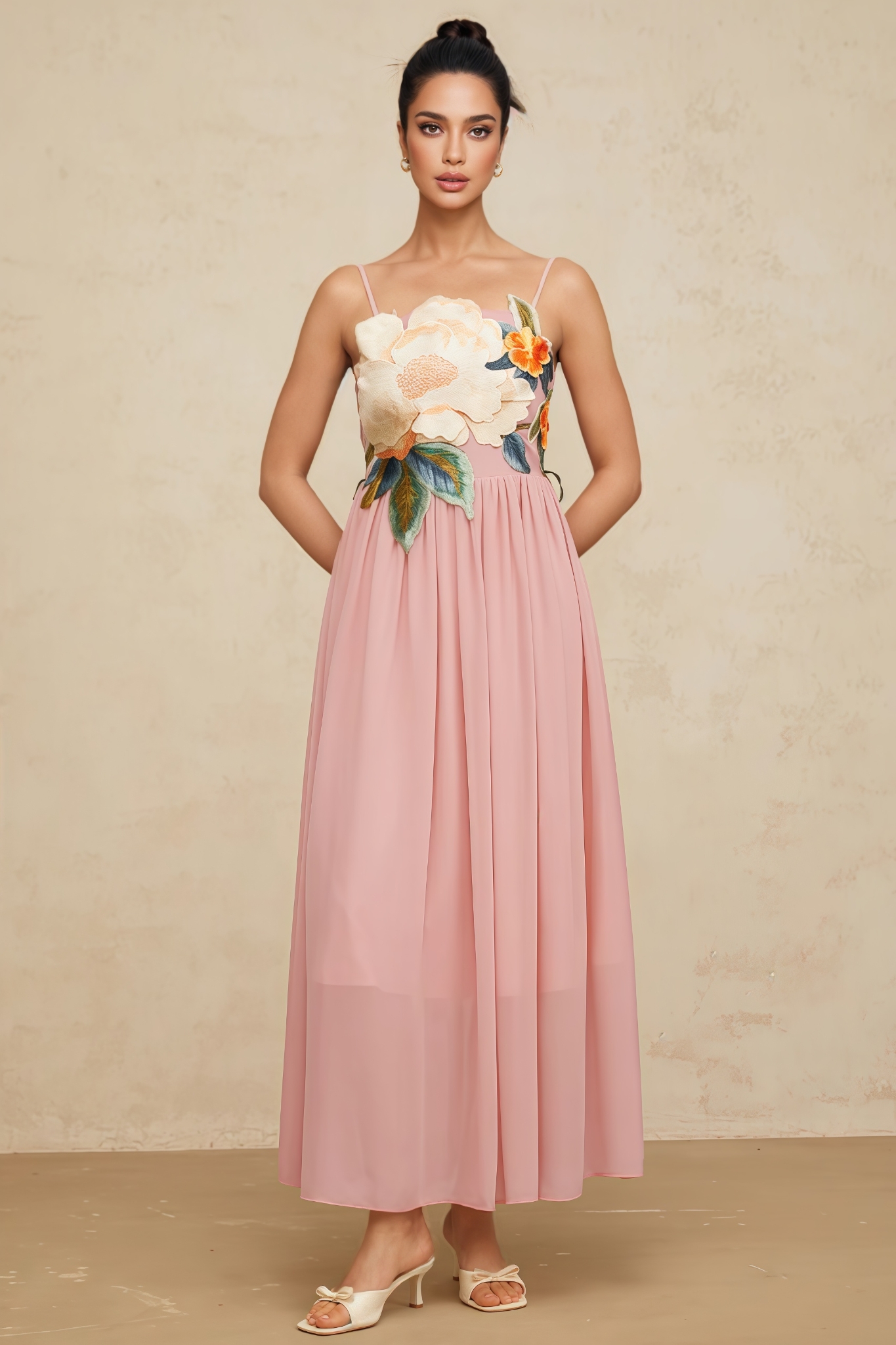 Brandy Pink Floral Embroidery Shirred Maxi Dress