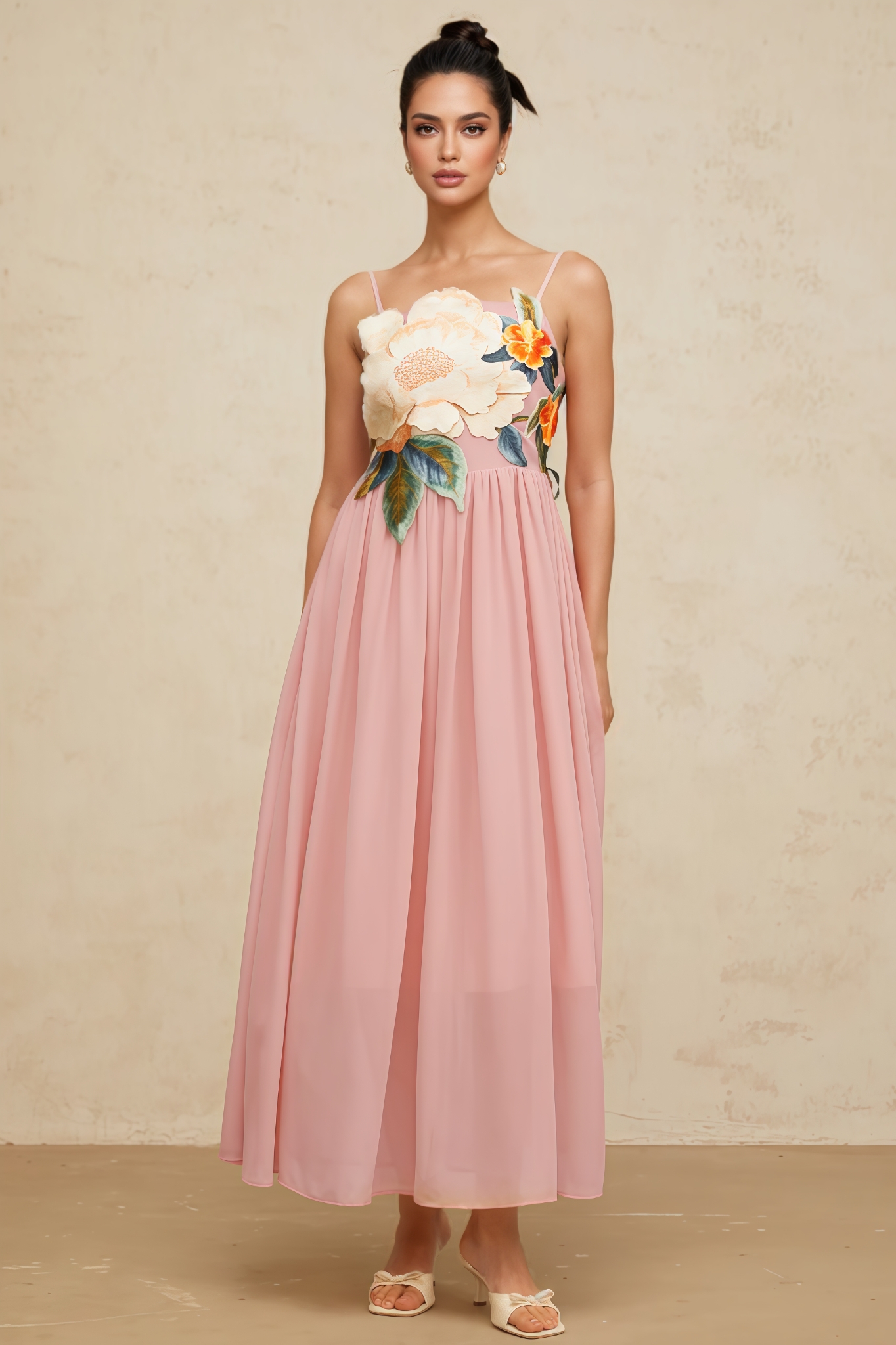 Brandy Pink Floral Embroidery Shirred Maxi Dress