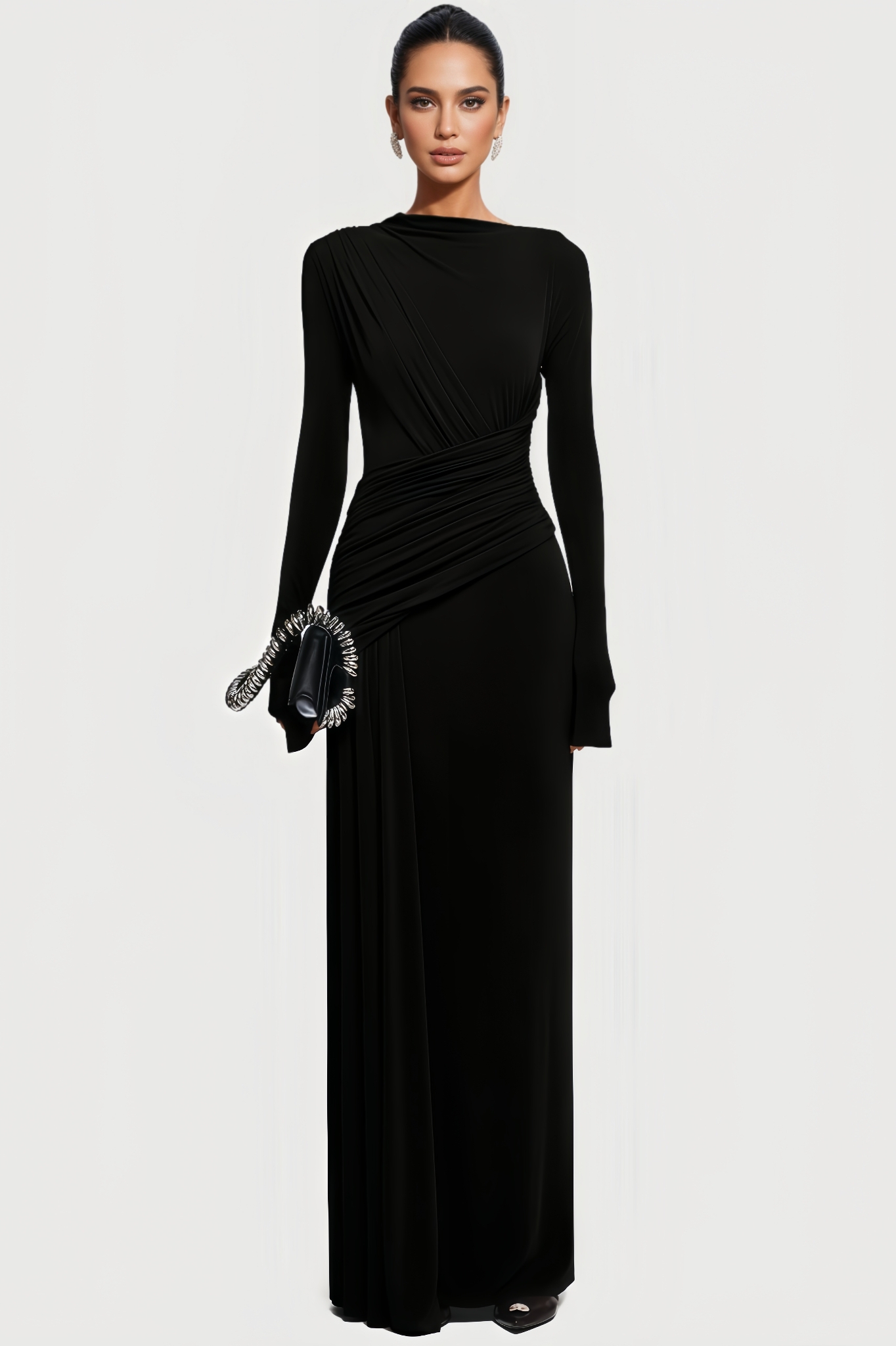 Fintan Black Long Sleeve Pleated Maxi Dress