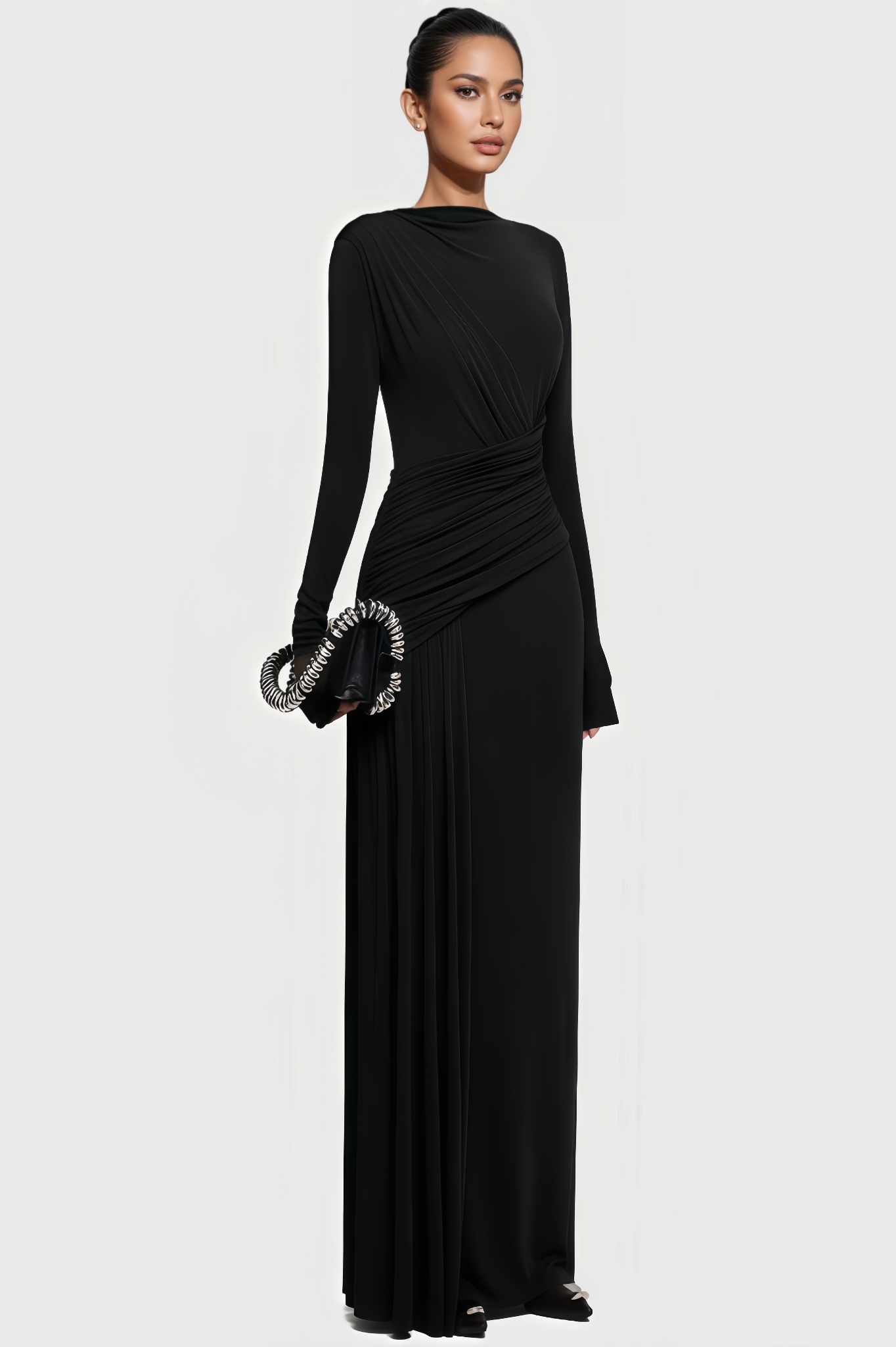 Fintan Black Long Sleeve Pleated Maxi Dress