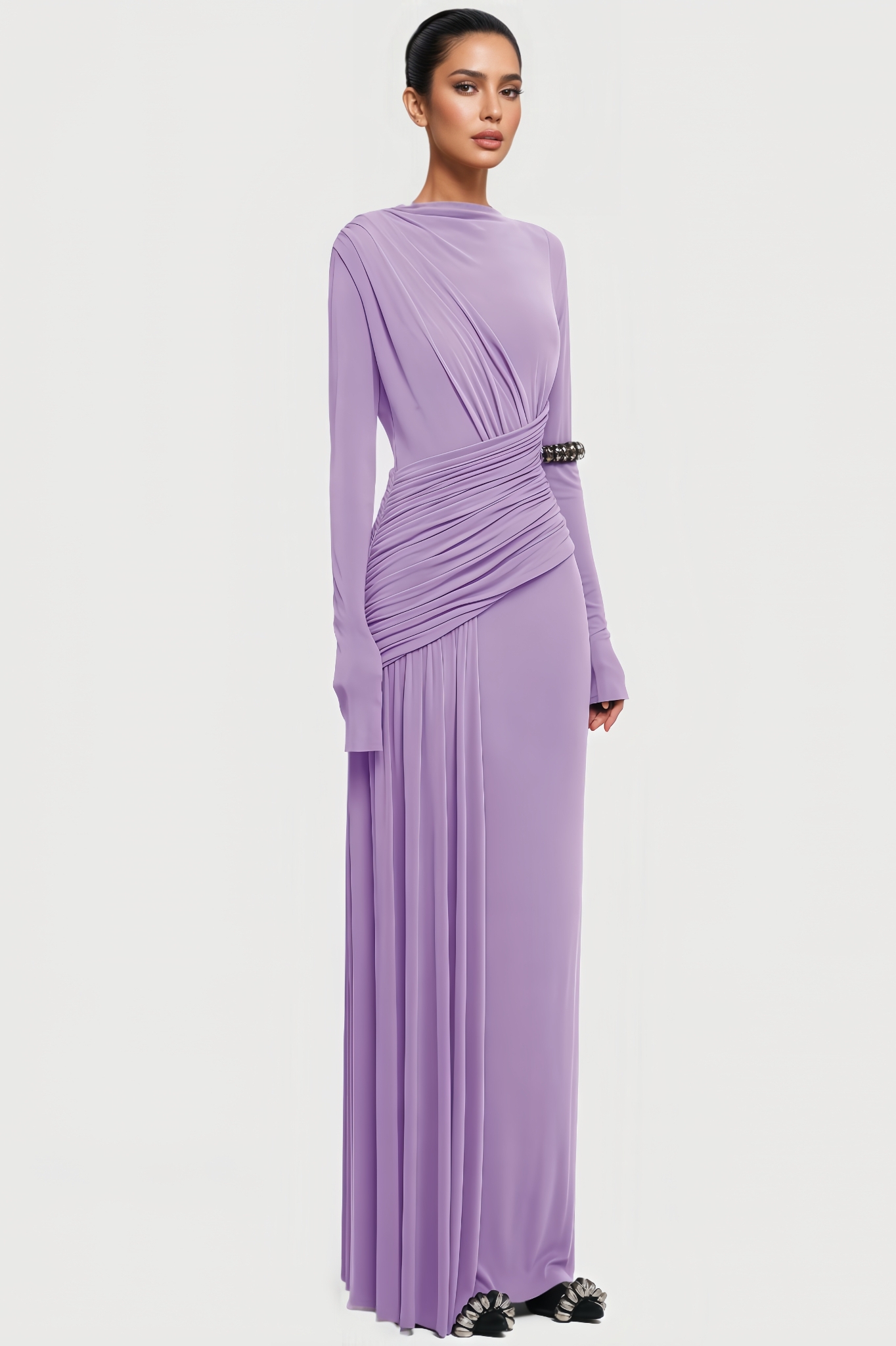 Giovanni Purple Long Sleeve Pleated Maxi Dress