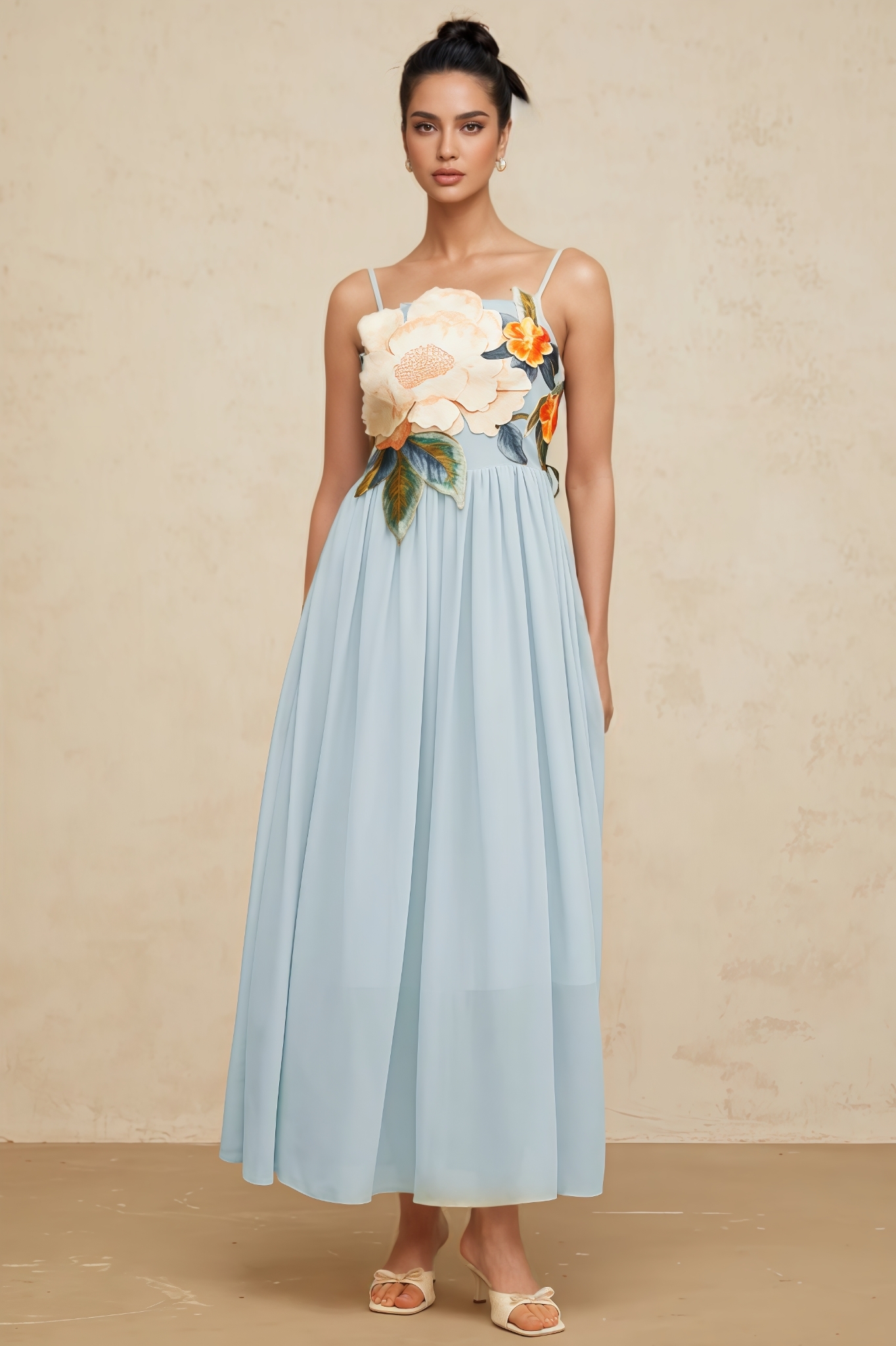 Knylid Blue Floral Embroidery Shirred Maxi Dress