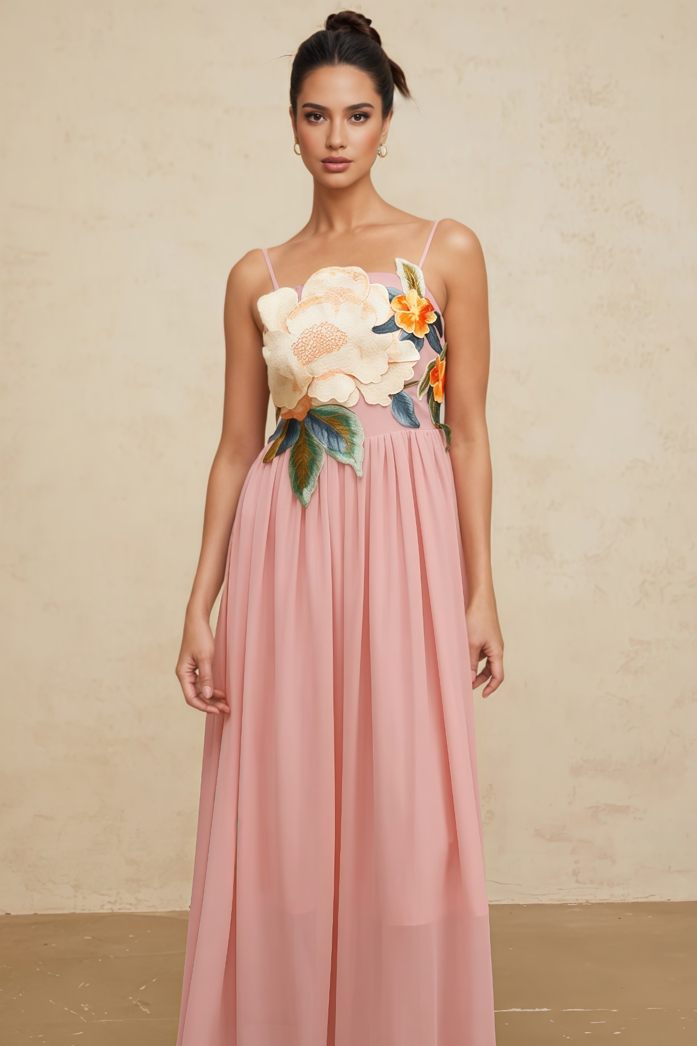 Brandy Pink Floral Embroidery Shirred Maxi Dress