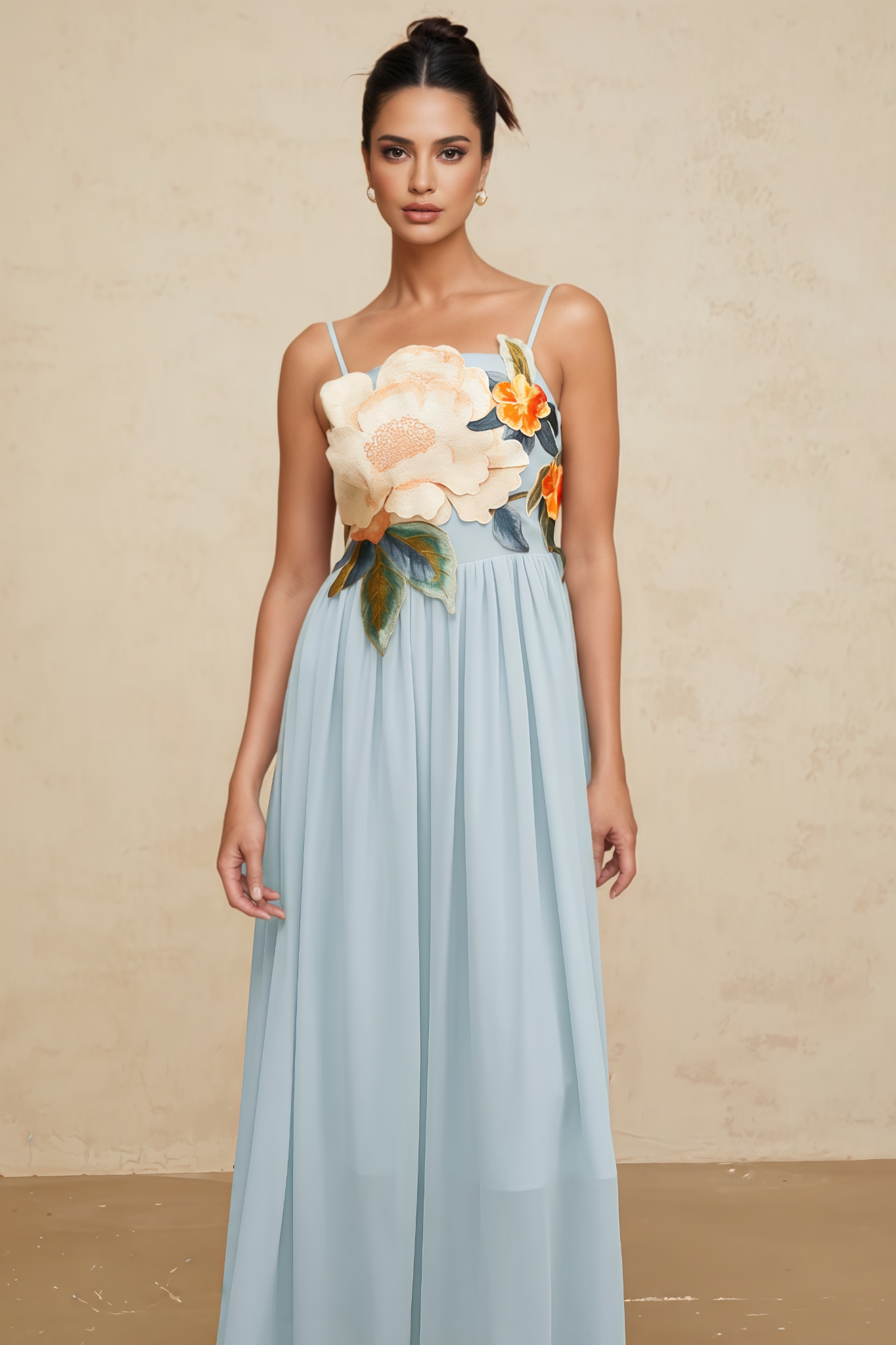 Knylid Blue Floral Embroidery Shirred Maxi Dress