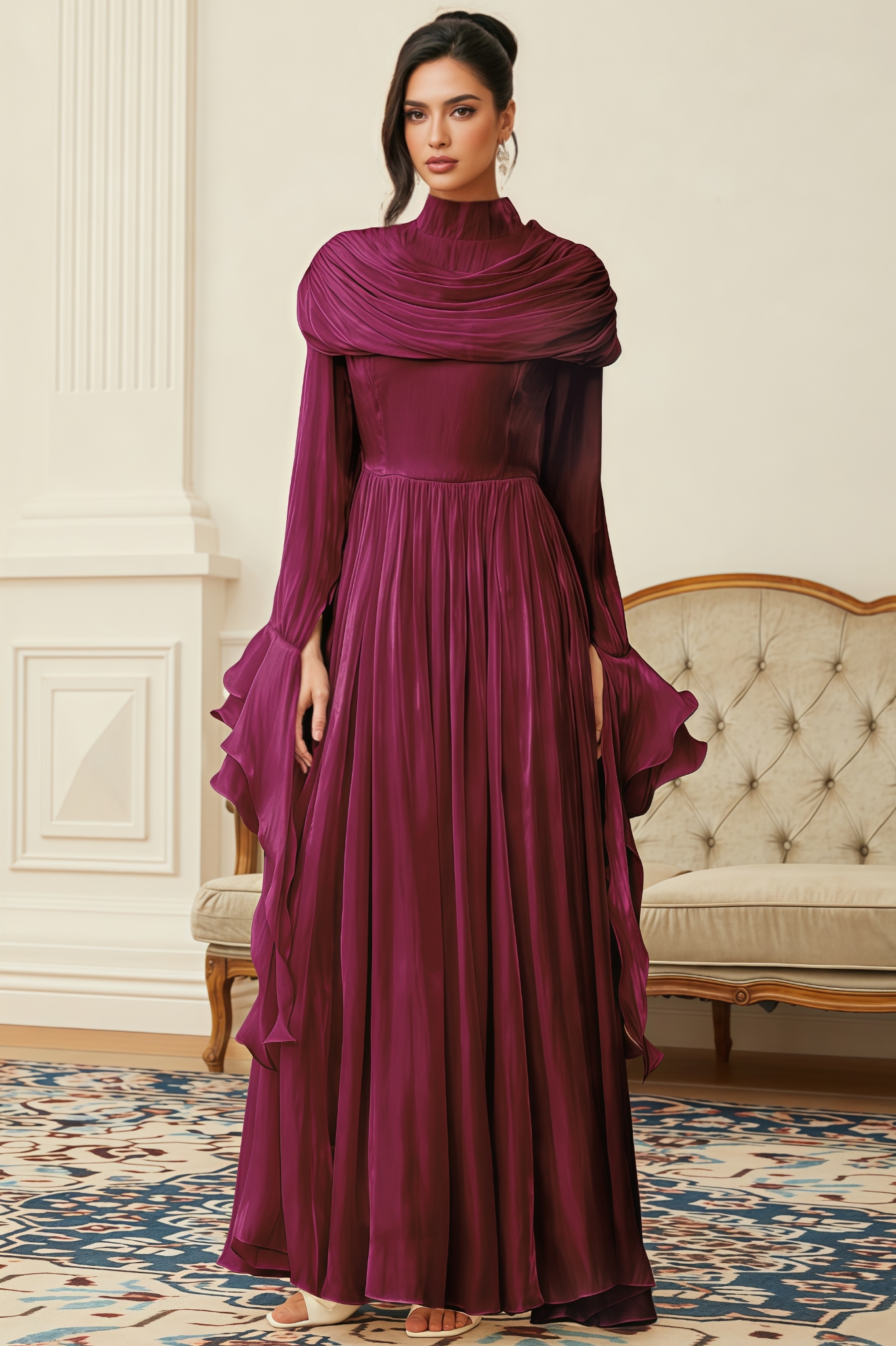 Parthena Red Ruched Pleated Maxi Dress