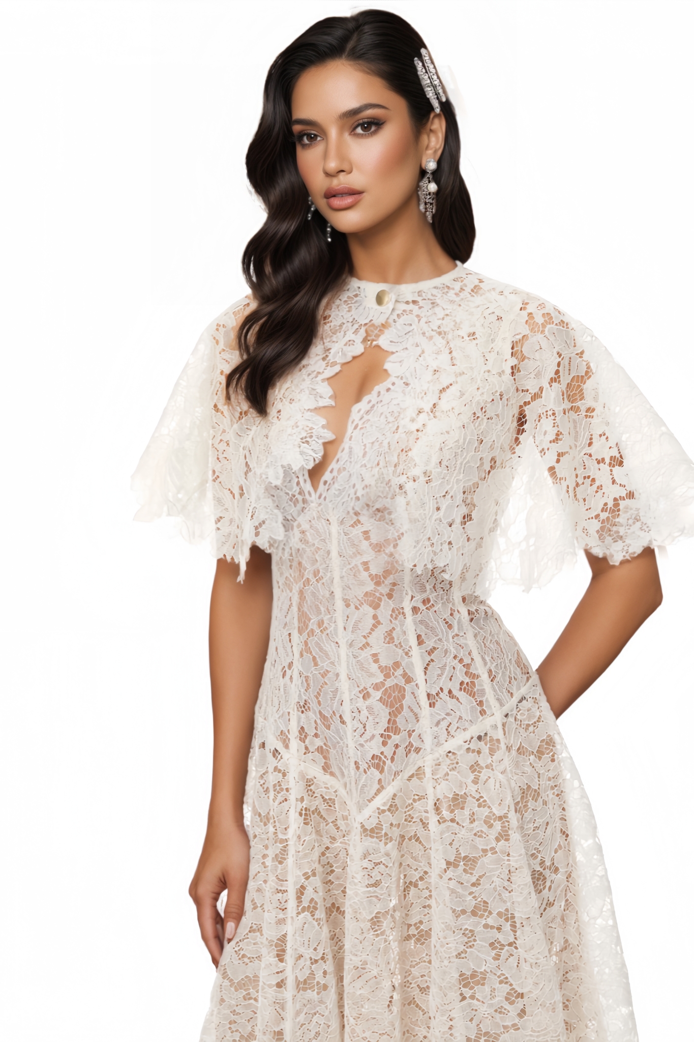 Orvy White Short Sleeve Lace Midi Dress