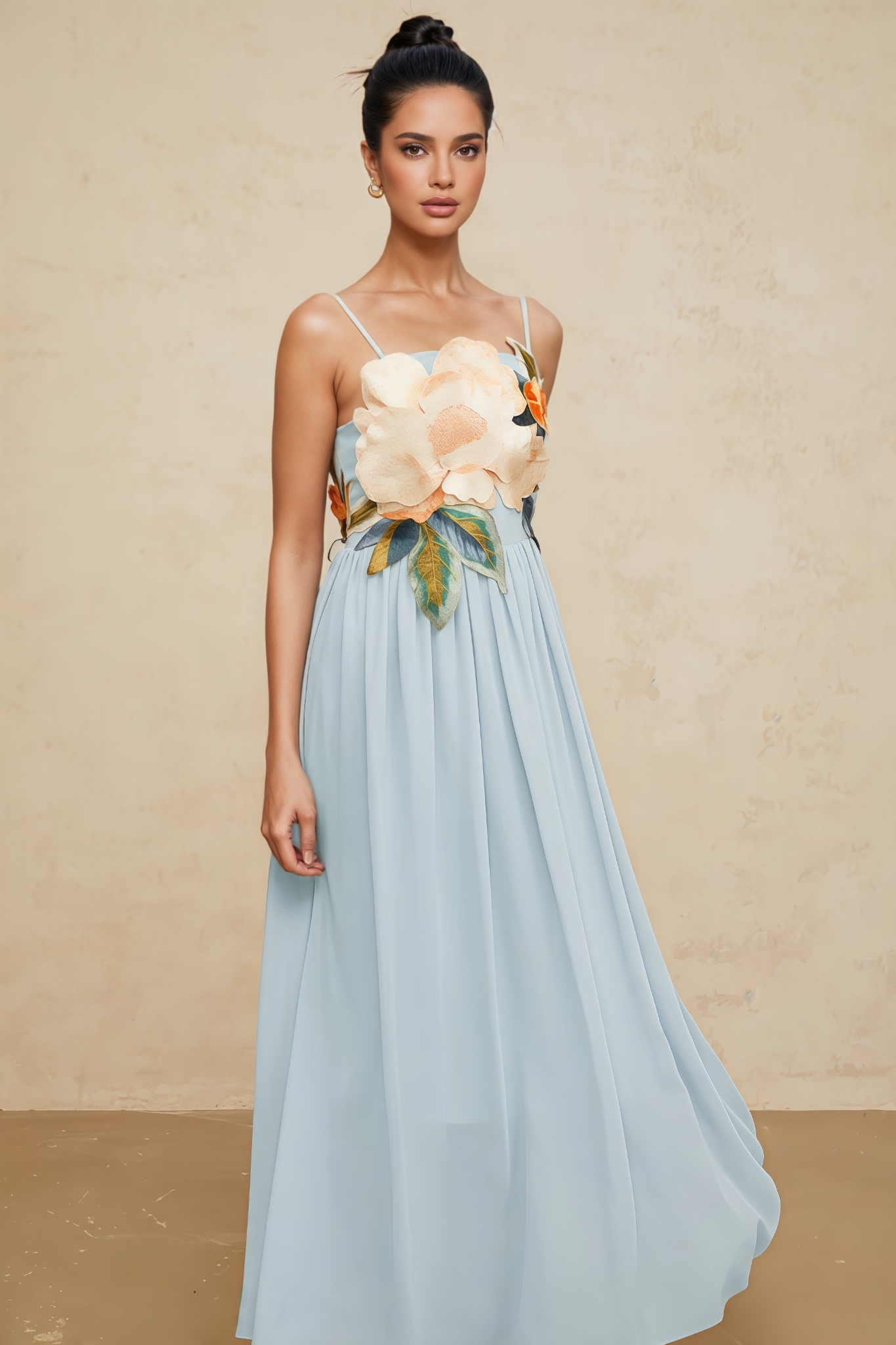 Knylid Blue Floral Embroidery Shirred Maxi Dress