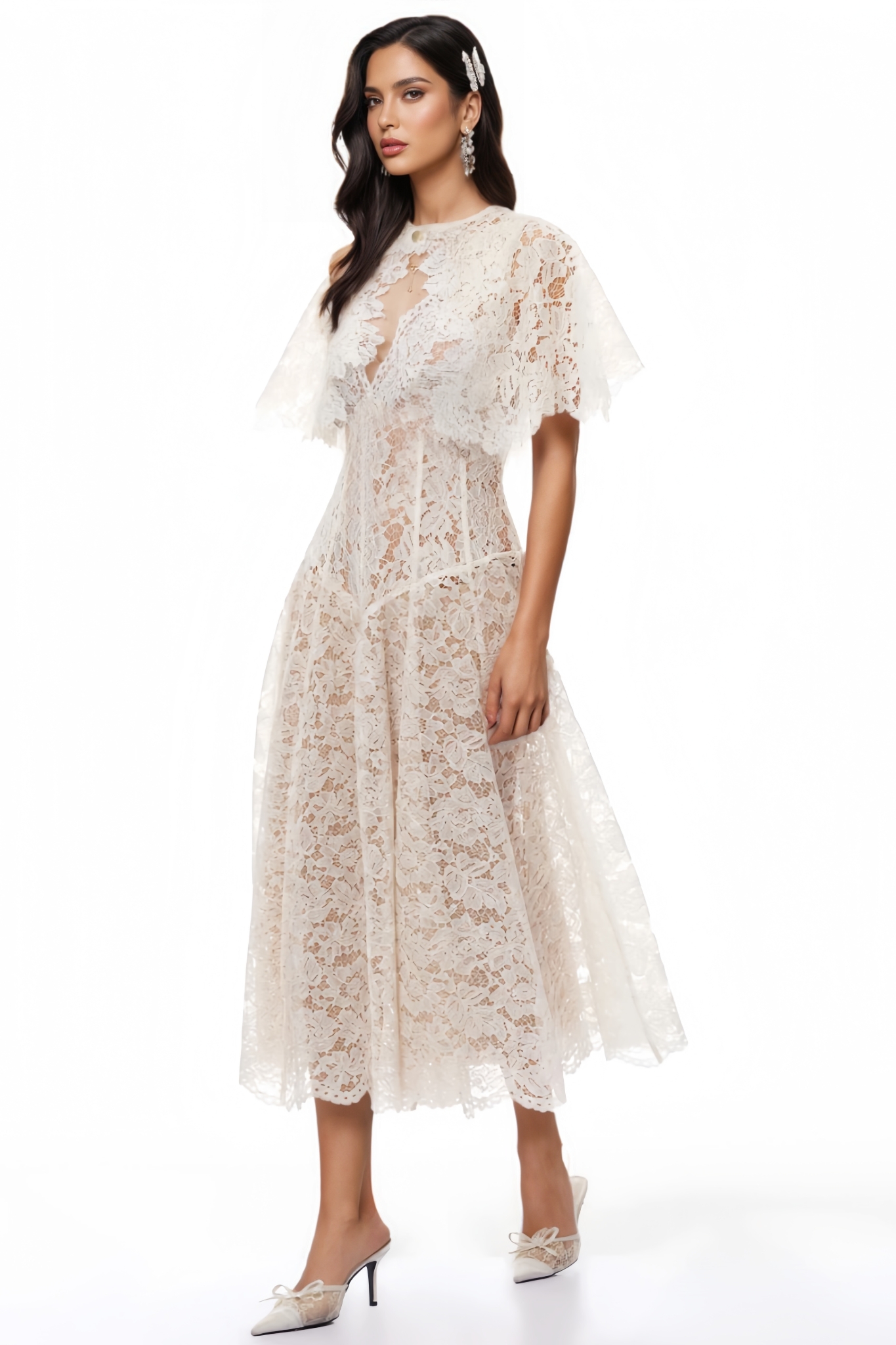Orvy White Short Sleeve Lace Midi Dress