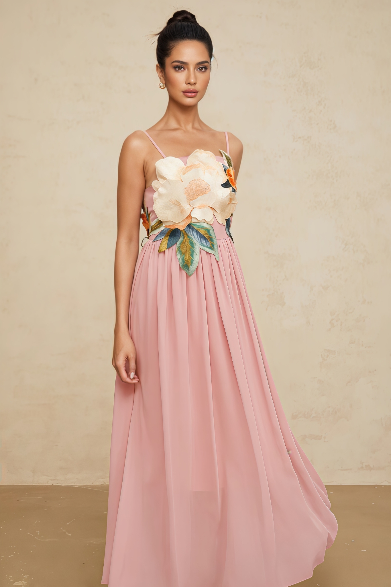 Brandy Pink Floral Embroidery Shirred Maxi Dress