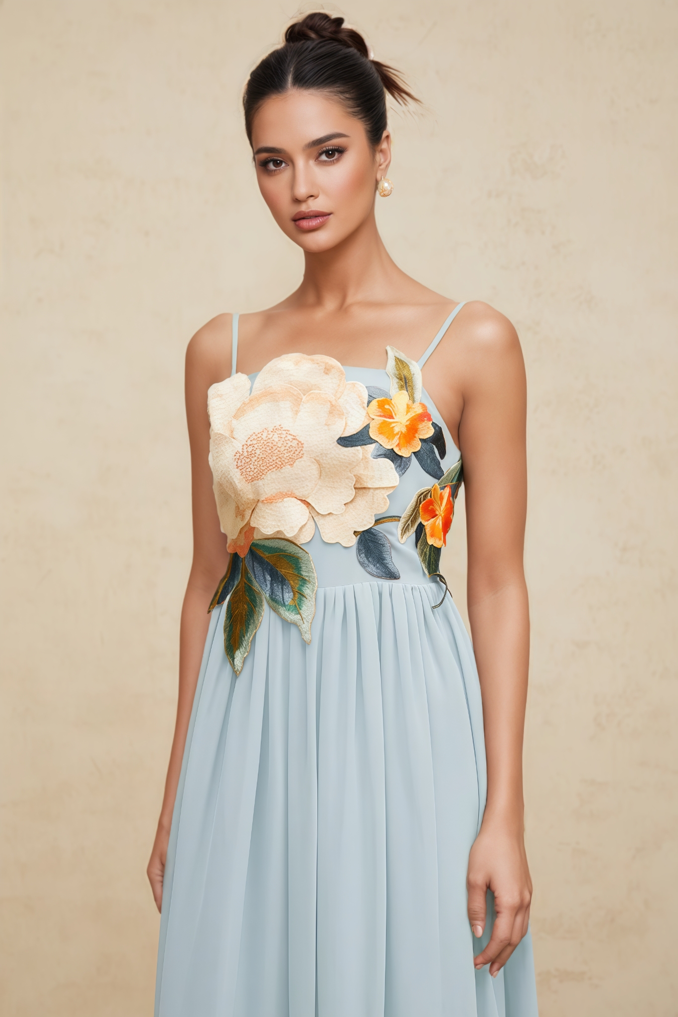Knylid Blue Floral Embroidery Shirred Maxi Dress