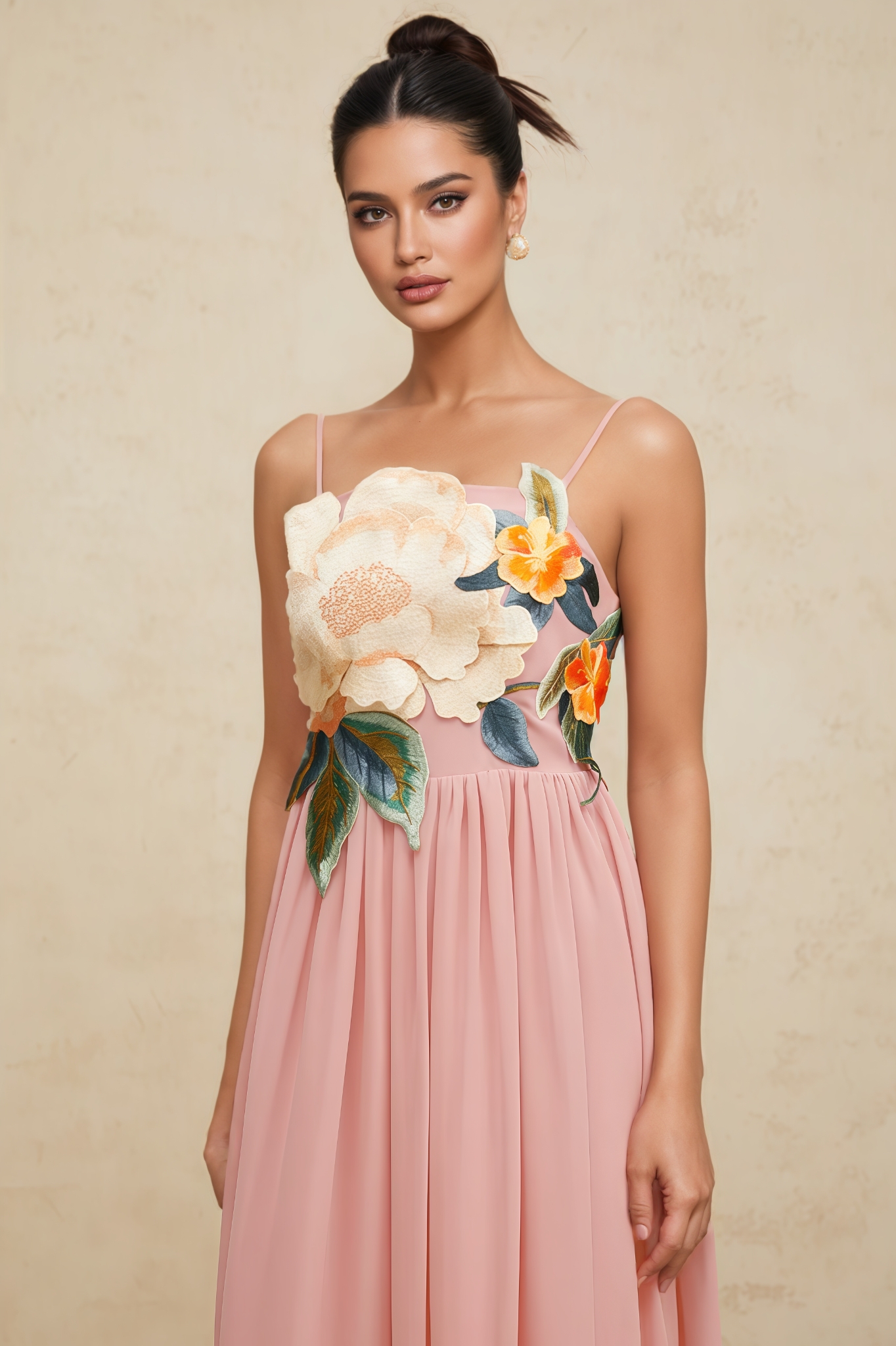 Brandy Pink Floral Embroidery Shirred Maxi Dress
