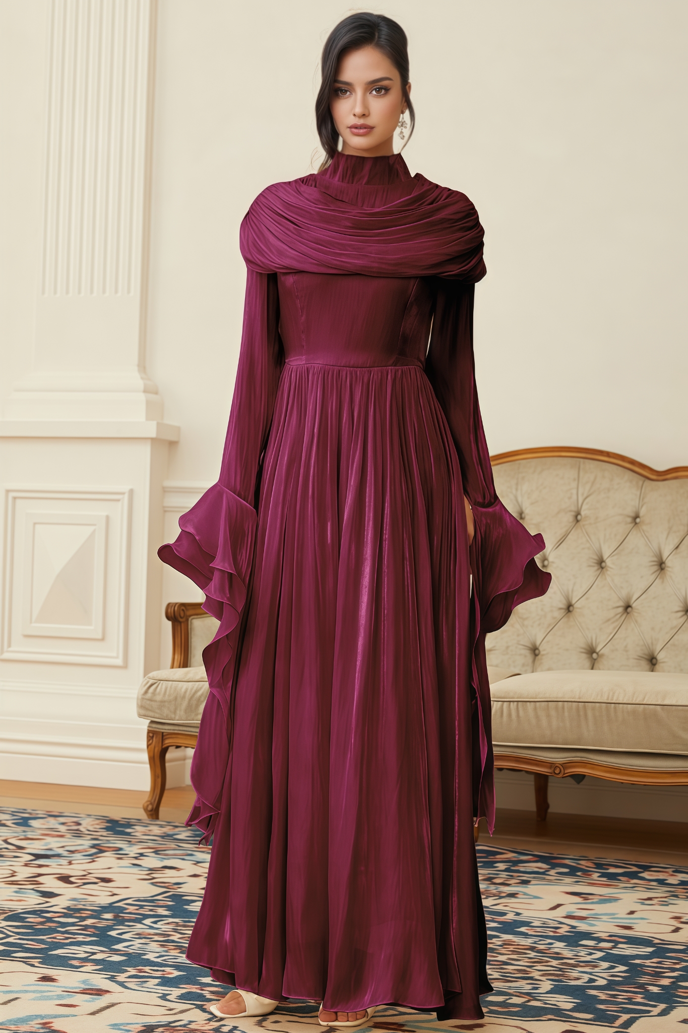 Parthena Red Ruched Pleated Maxi Dress