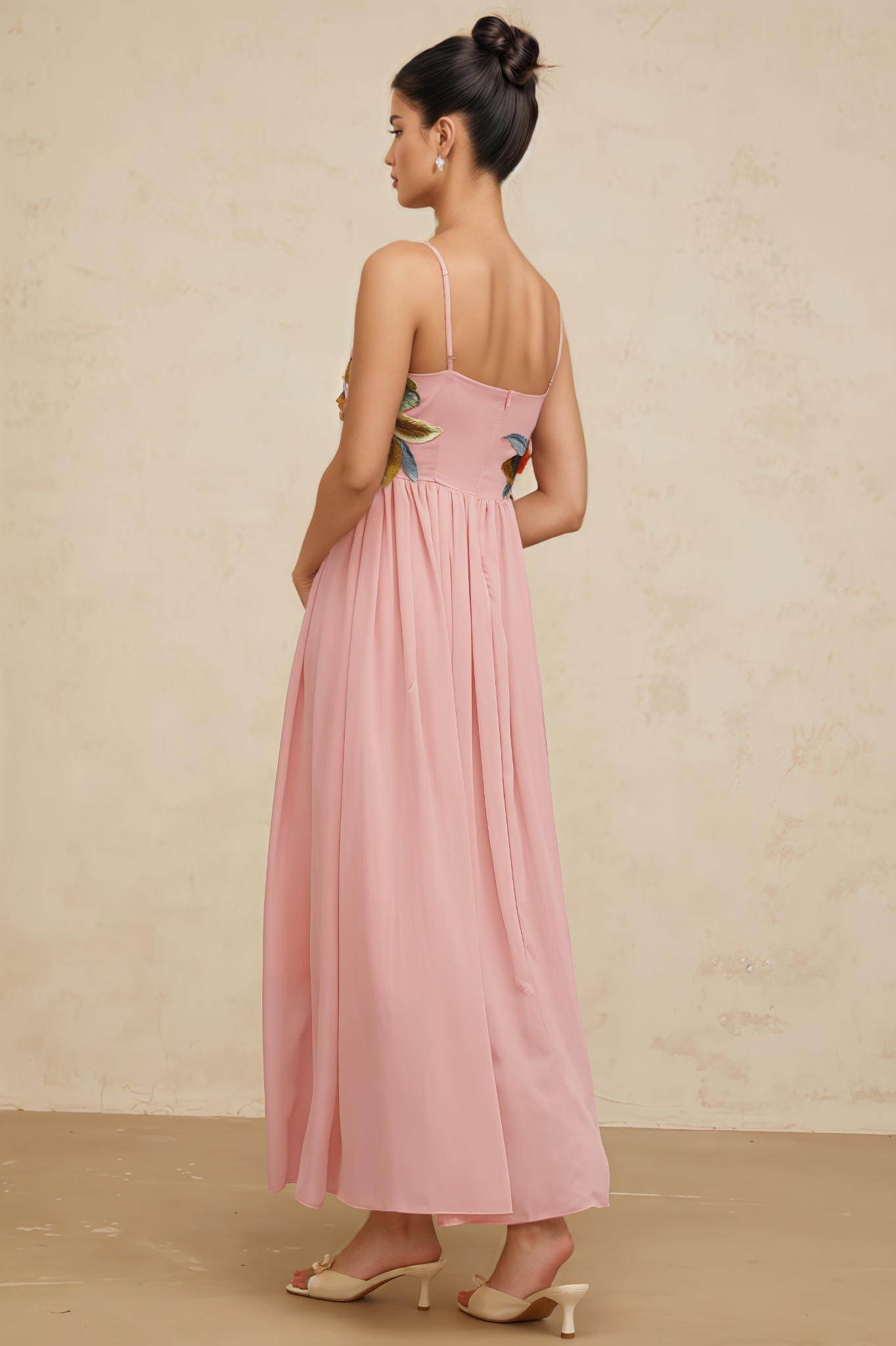 Brandy Pink Floral Embroidery Shirred Maxi Dress