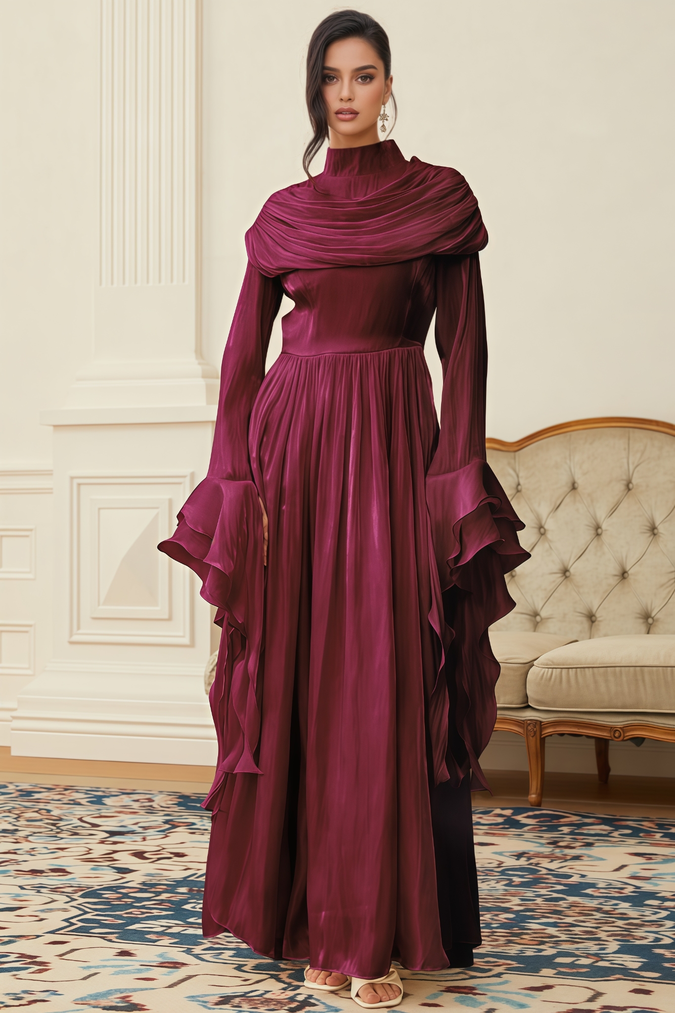 Parthena Red Ruched Pleated Maxi Dress