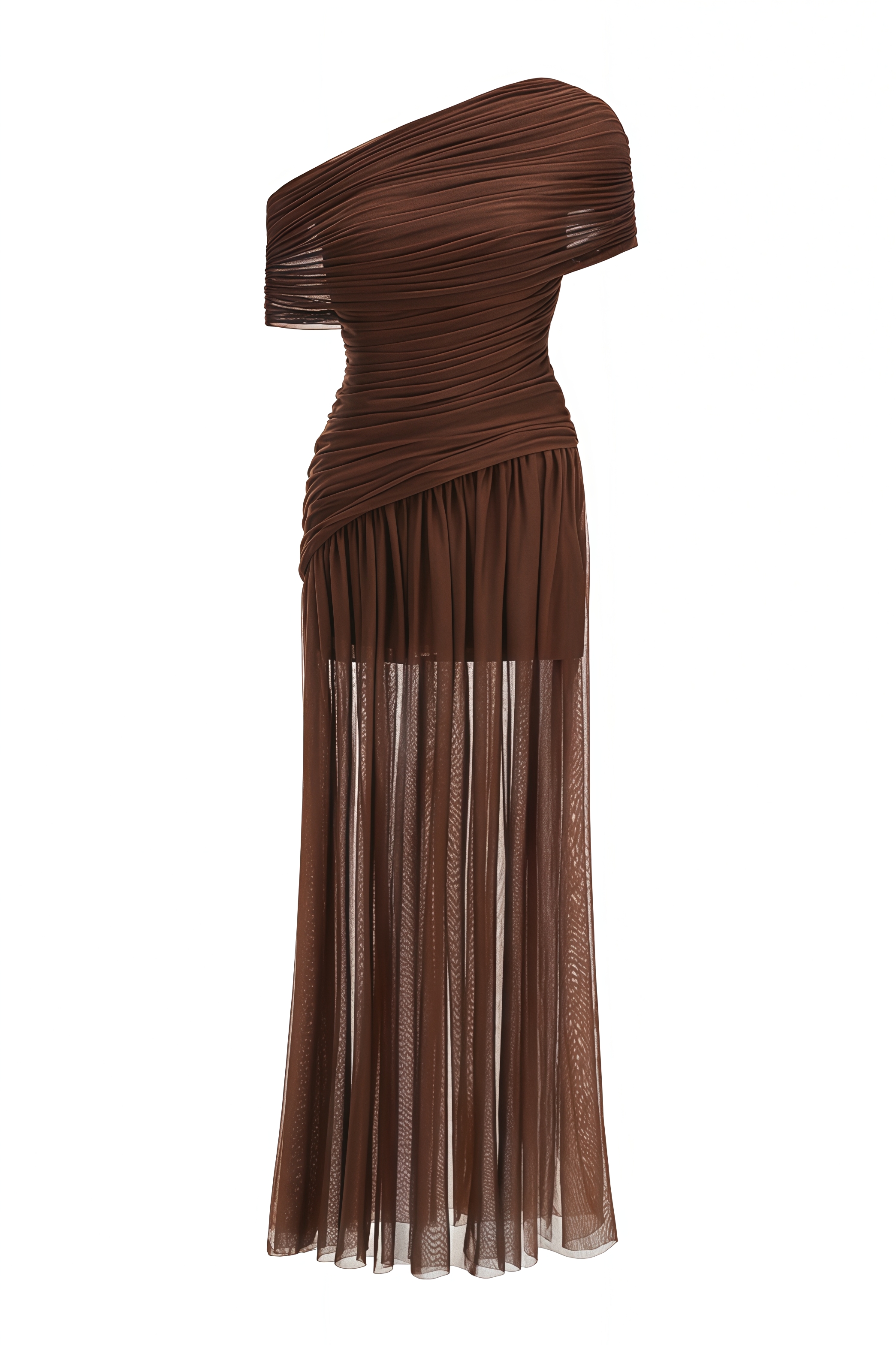 Aedous Brown Slanted Shoulder Mesh Maxi Dress
